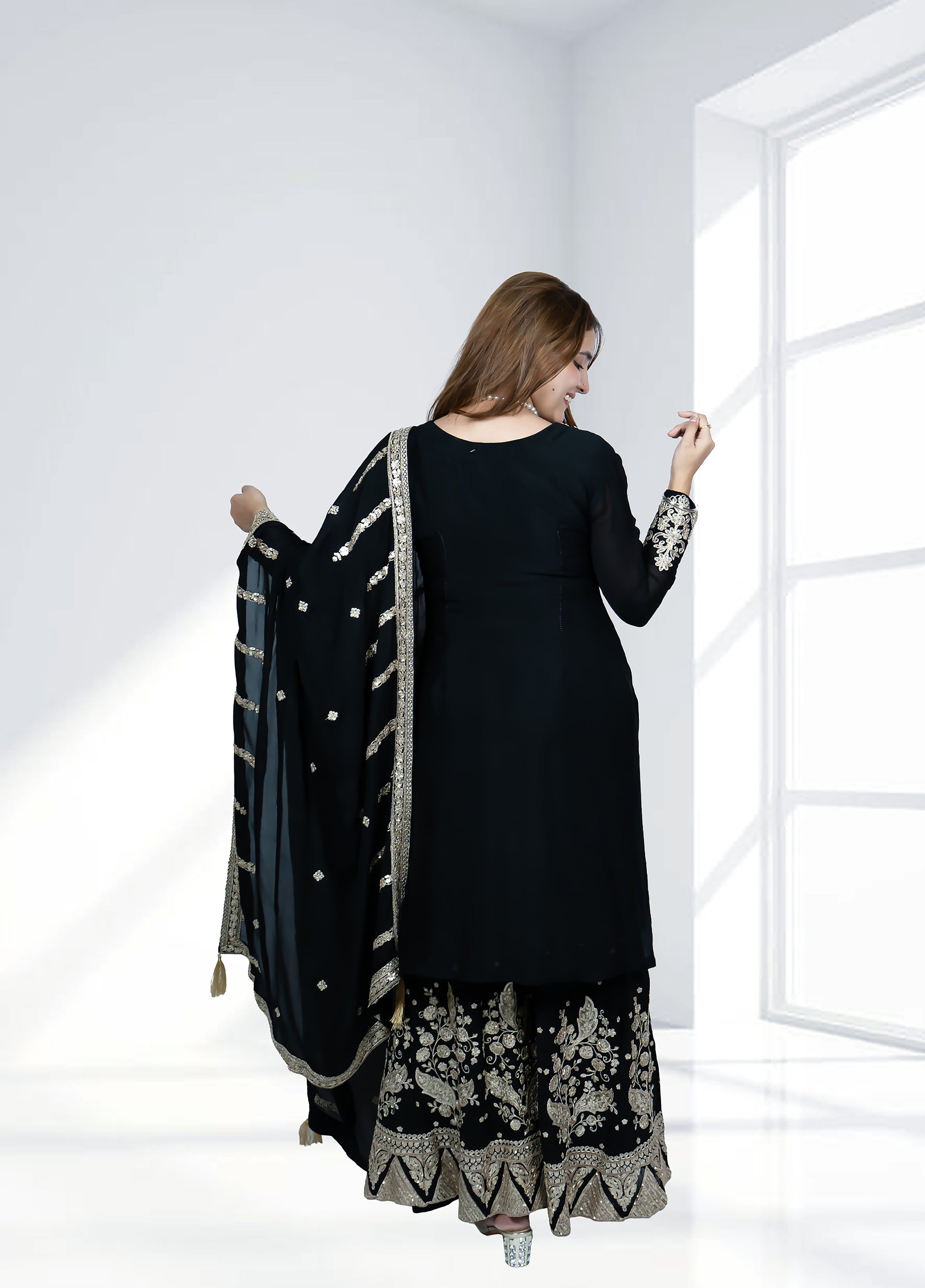 Black Chinnon Garara Suit with Heavy Dupatta | Sequence & Pearl Work | Sizes M–XL - Bebo N Lolo
