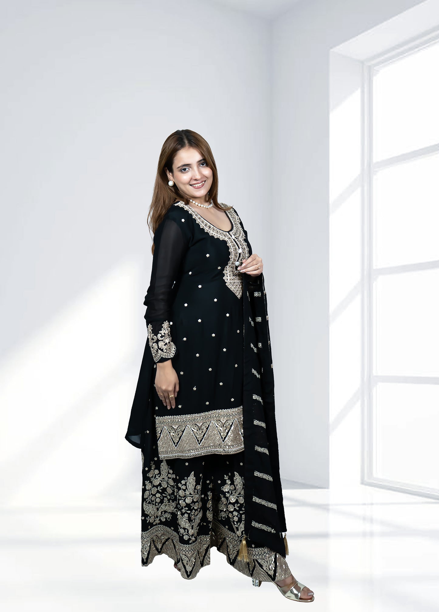 Black Chinnon Garara Suit with Heavy Dupatta | Sequence & Pearl Work | Sizes M–XL - Bebo N Lolo