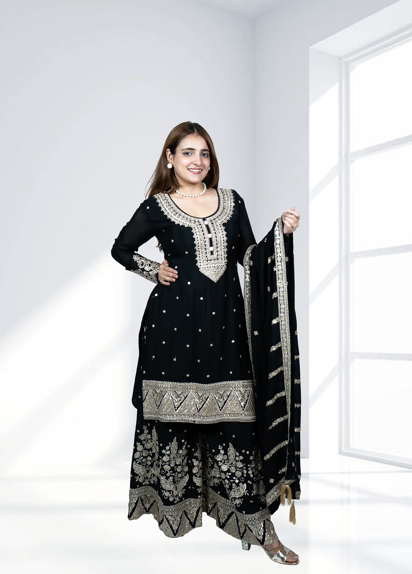 Black Chinnon Garara Suit with Heavy Dupatta | Sequence & Pearl Work | Sizes M–XL - Bebo N Lolo