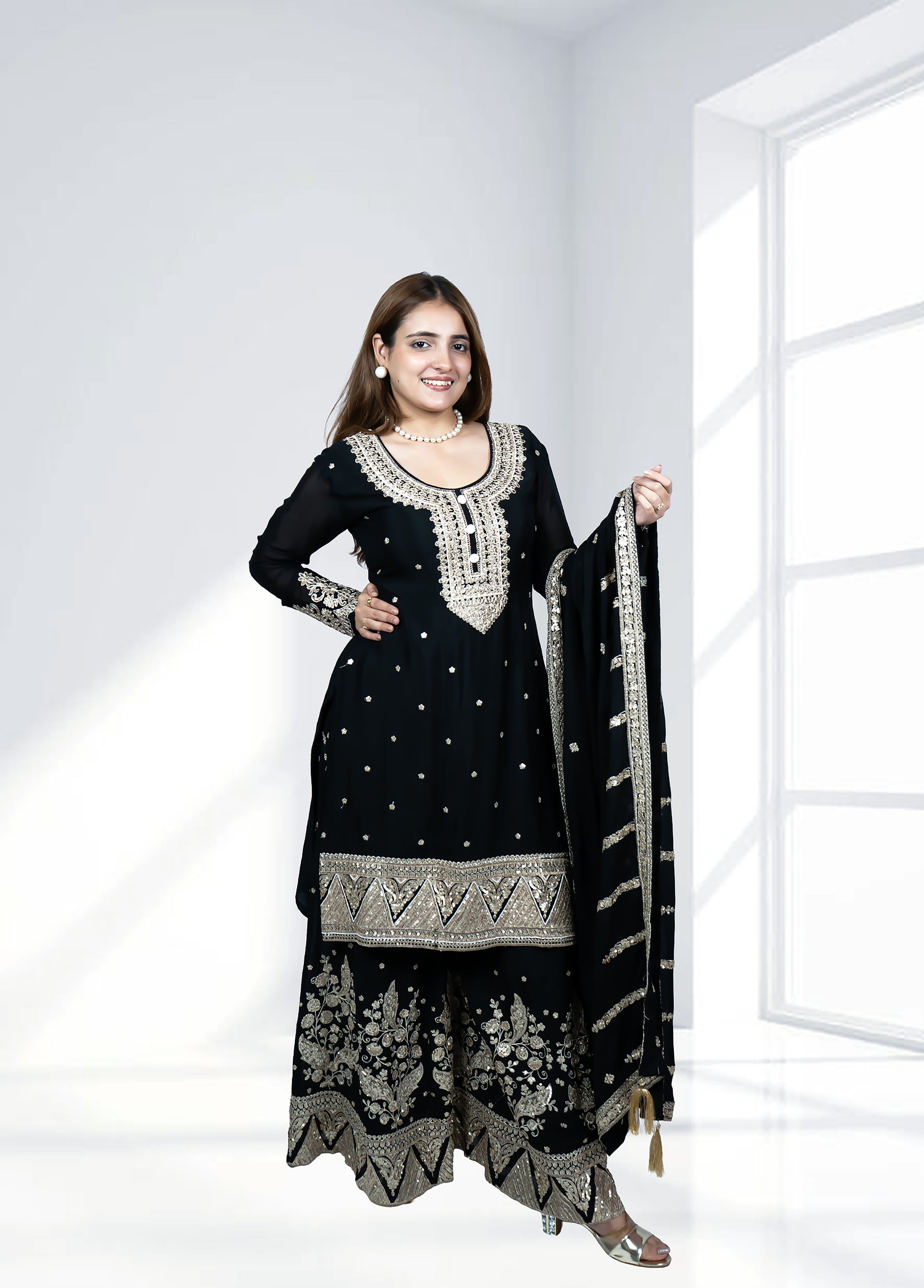 Black Chinnon Garara Suit with Heavy Dupatta | Sequence & Pearl Work | Sizes M–XL - Bebo N Lolo