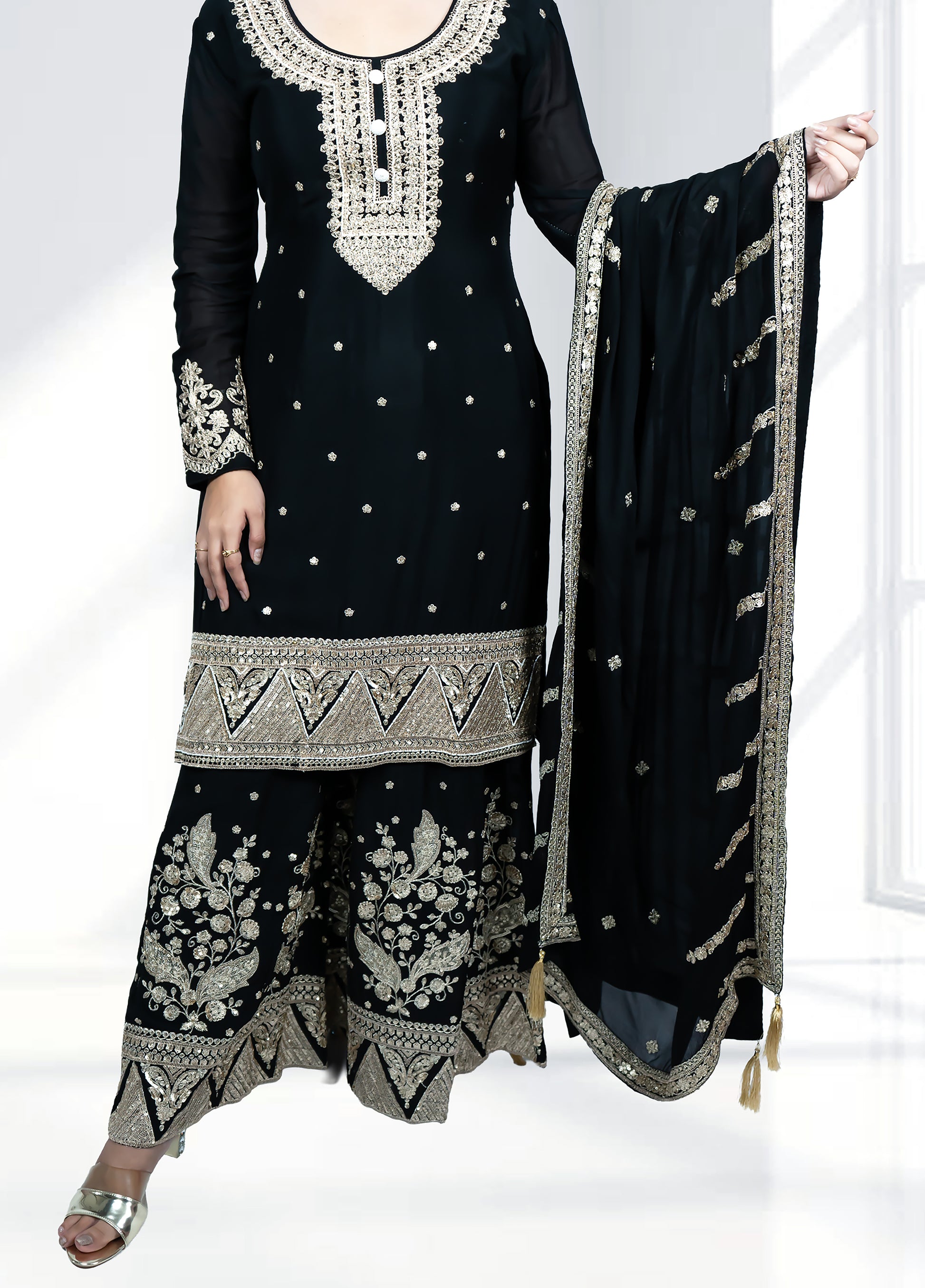 Black Chinnon Garara Suit with Heavy Dupatta | Sequence & Pearl Work | Sizes M–XL - Bebo N Lolo