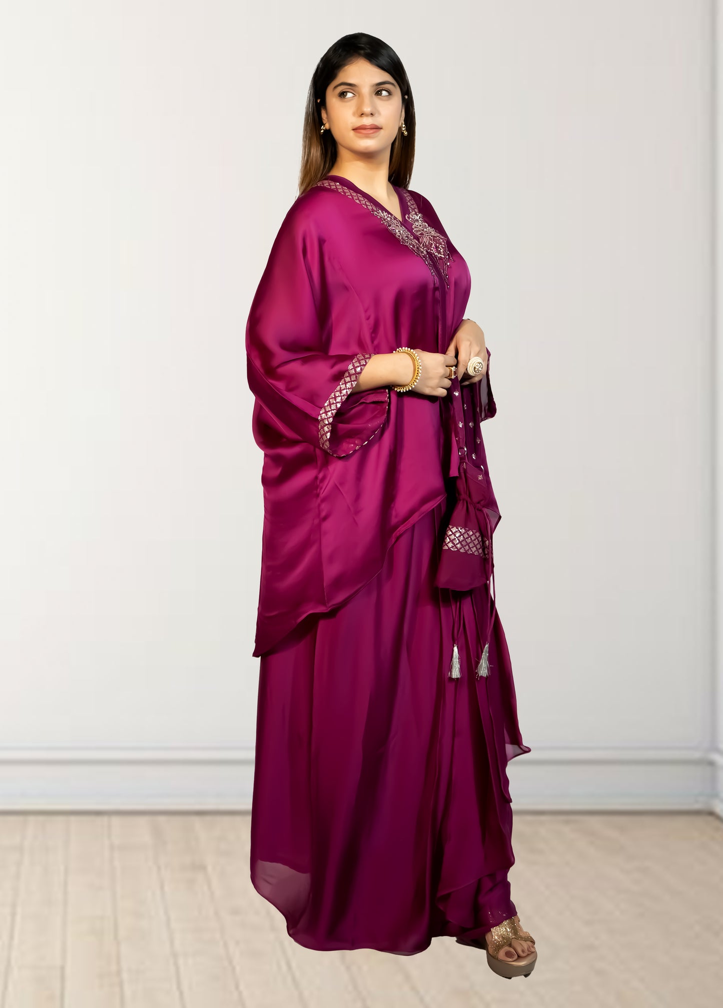 Royal Satin Short Kurta with Dhoti Skirt | Cut Dana, Sequence & Crystal Work | Indo-Western - Bebo N Lolo