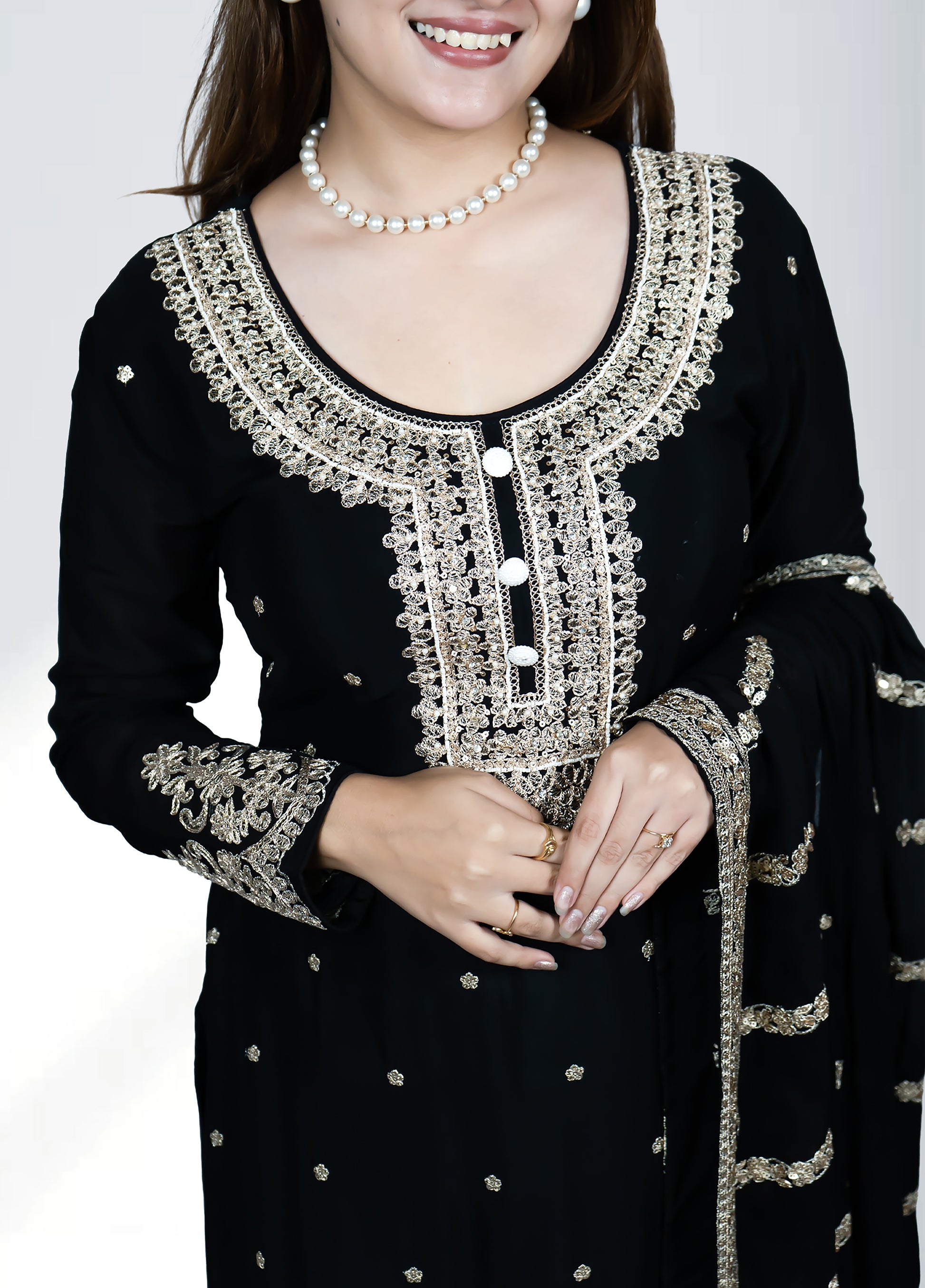 Black Chinnon Garara Suit with Heavy Dupatta | Sequence & Pearl Work | Sizes M–XL - Bebo N Lolo