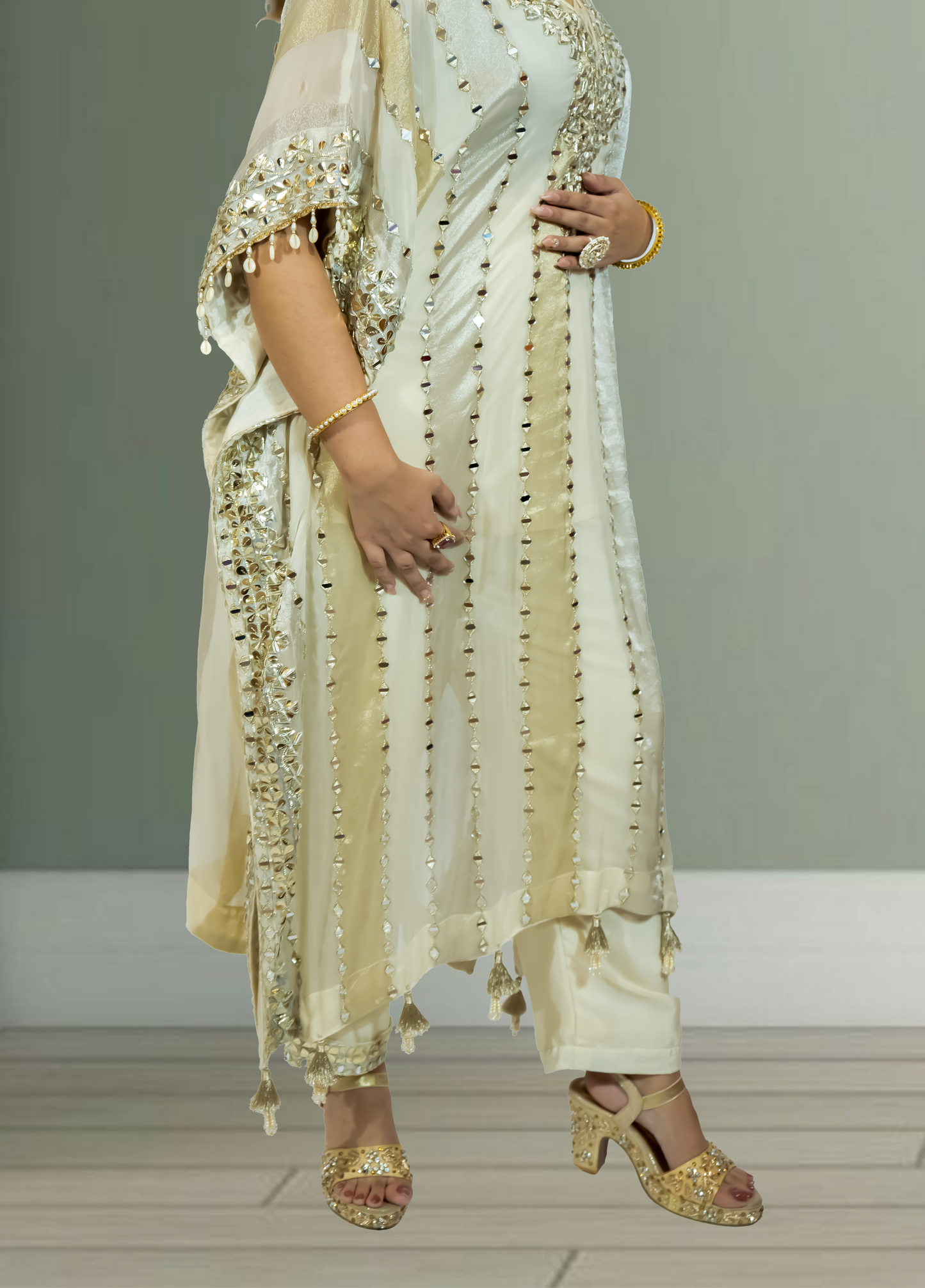 Off White Silk Kaftan with Pant | Gota & Mirror Work | Sizes M–XL - Bebo N Lolo