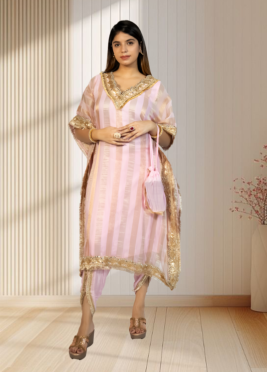 Organza Kaftan with Tulip Pant & Potli | Lace & Mirror Work | Baby Pink & Cream Colors Available | S–4XL Sizes - Bebo N Lolo
