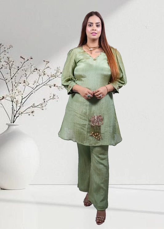 Ethereal Green Soft Simmer Crush Co-ord Set for Women | Beaded Elephant Motif | Sizes XS–5XL - Bebo N Lolo