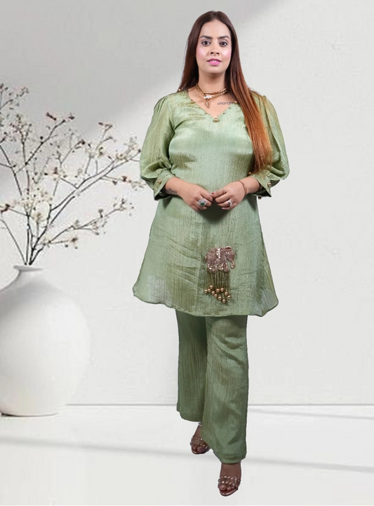 Ethereal Green Soft Simmer Crush Co-ord Set for Women | Beaded Elephant Motif | Sizes XS–5XL - Bebo N Lolo