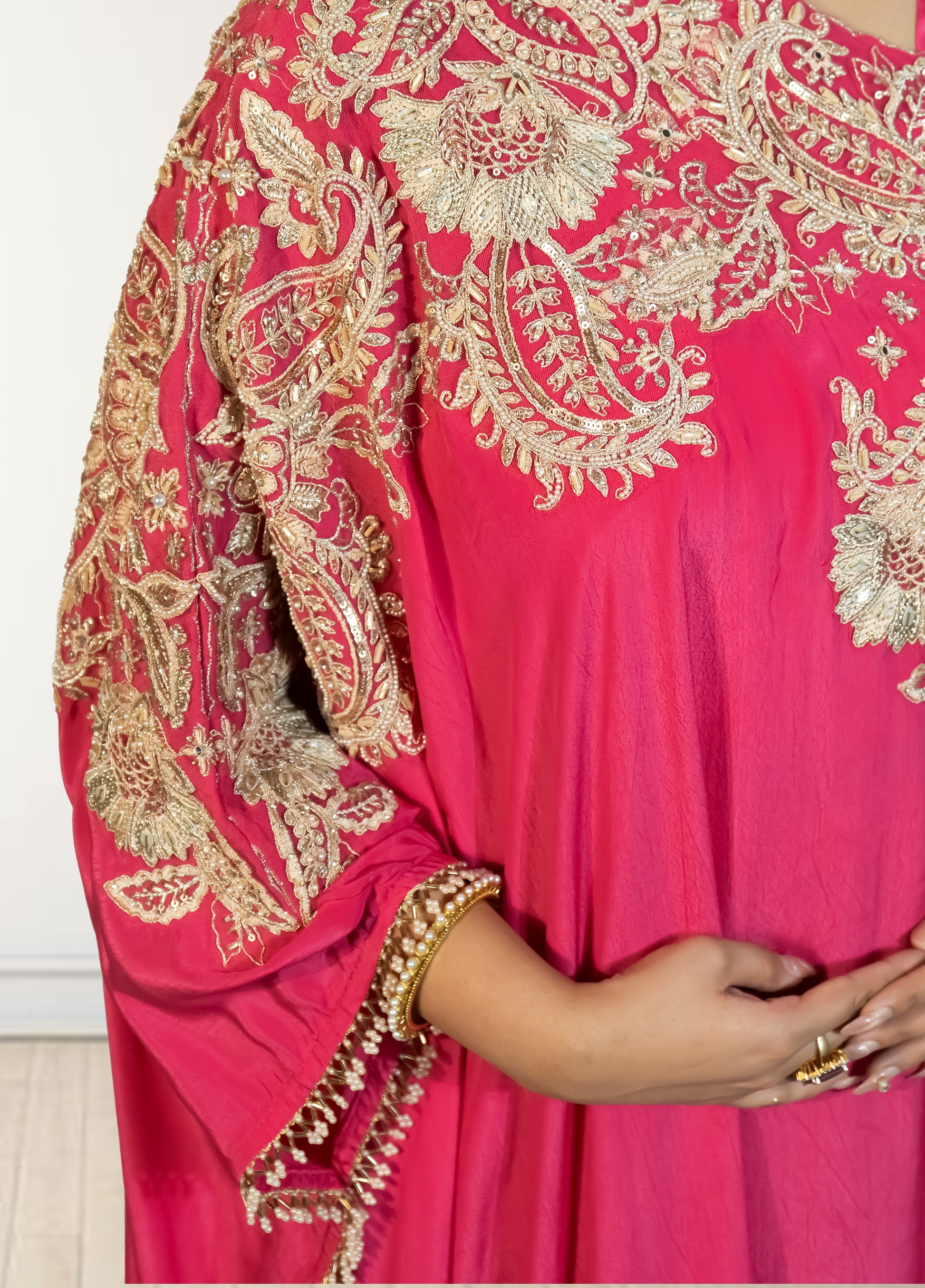 Hot Pink Off-Shoulder Cape with Sharara & Breastiser | Pearl, Lace, Cut Dana & Sequence Work | Indo Western | Sizes L–XXL - Bebo N Lolo
