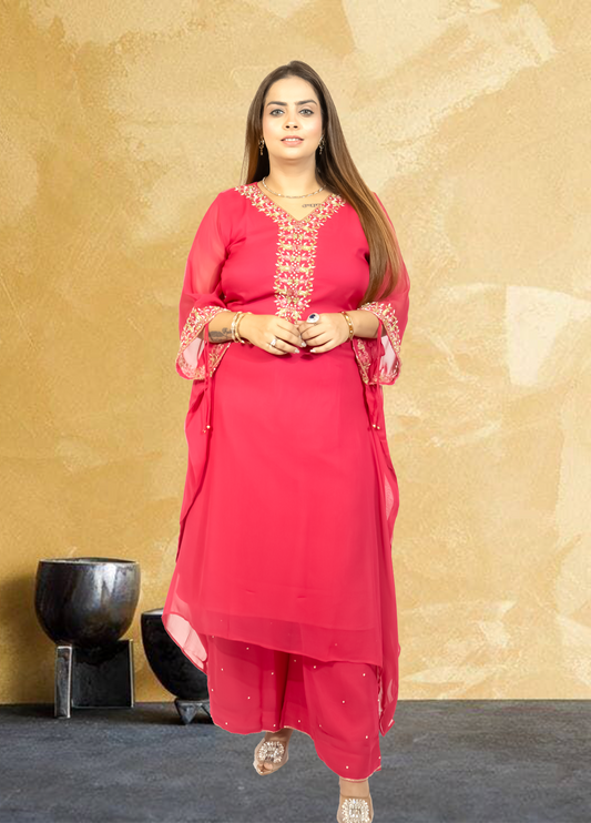 Hot Pink Crape Kaftan with Palazzo | Cut Dana & Sequence Embroidery | Sizes L–XXL - Bebo N Lolo