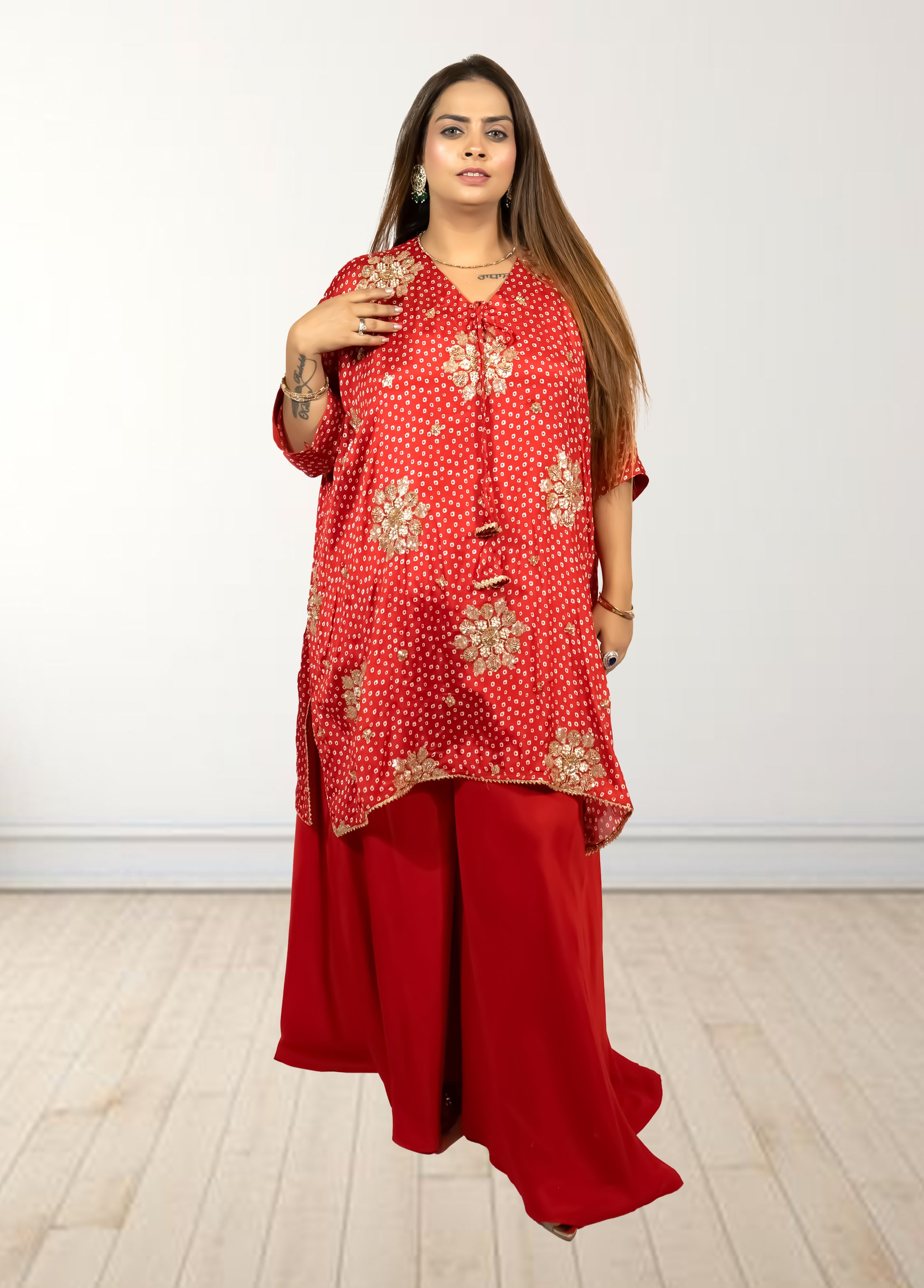 Red Chinon Bandhani Print Loose Palazzo Choga | Sequence & Cut Dana Work - Bebo N Lolo