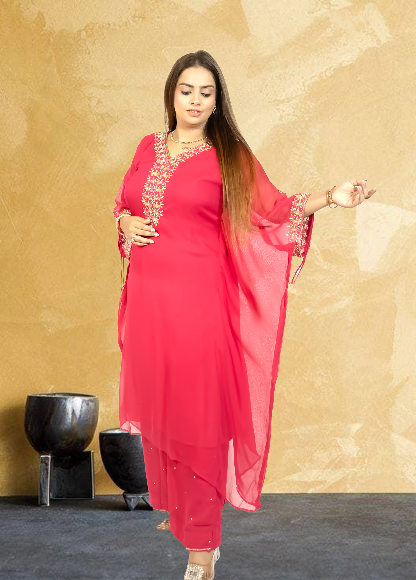 Hot Pink Crape Kaftan with Palazzo | Cut Dana & Sequence Embroidery | Sizes L–XXL - Bebo N Lolo