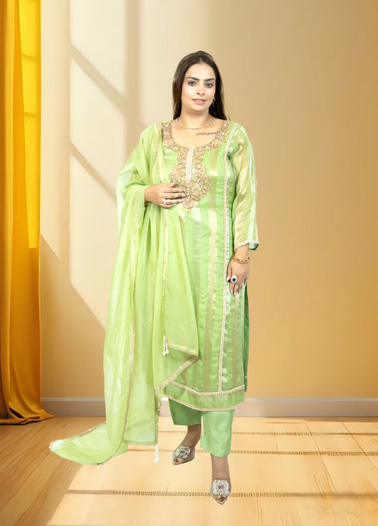 Silk Organza Suit with Santoon Pant & Dupatta | Dabka, Pearl & Lace Work | Green, Lavender & Sky Blue | Sizes M–XL - Bebo N Lolo