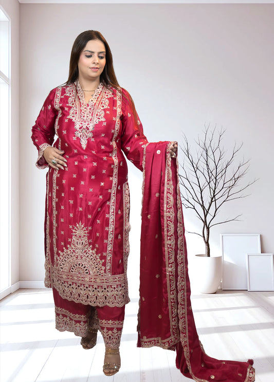 Magenta Chinon Silk Long Shirt with Plazo & Heavy Dupatta - Bebo N Lolo