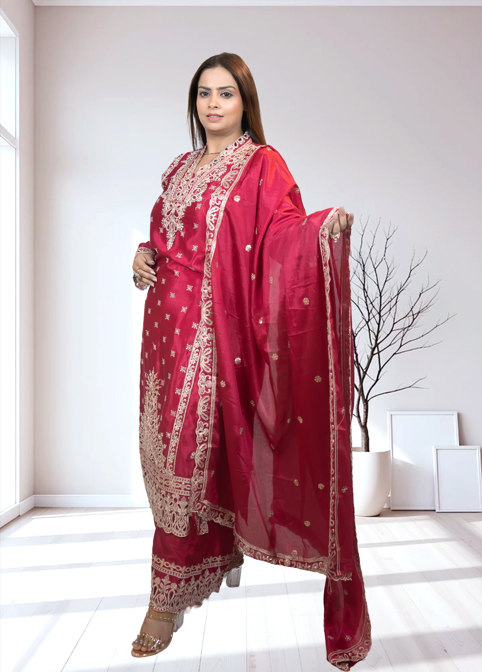 Magenta Chinon Silk Long Shirt with Plazo & Heavy Dupatta - Bebo N Lolo