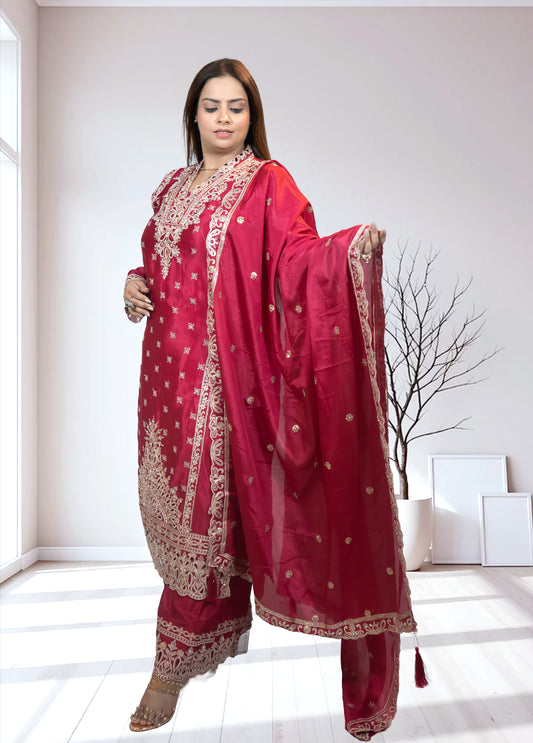 Magenta Chinon Silk Long Shirt with Plazo & Heavy Dupatta - Bebo N Lolo