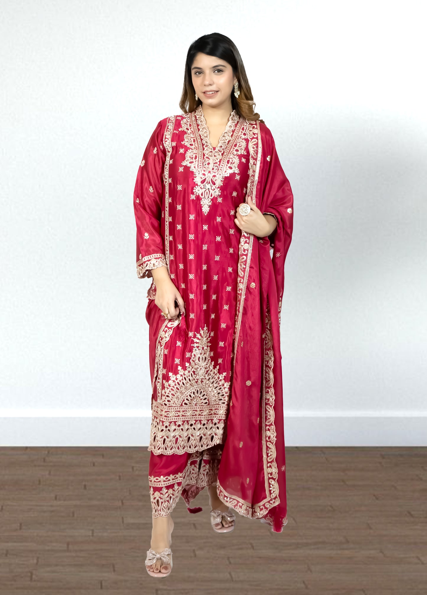 Hot Pink Chinon Suit with Palazzo & Dupatta | Mirror & Sequence Embroidery | Sizes M–XL - Bebo N Lolo