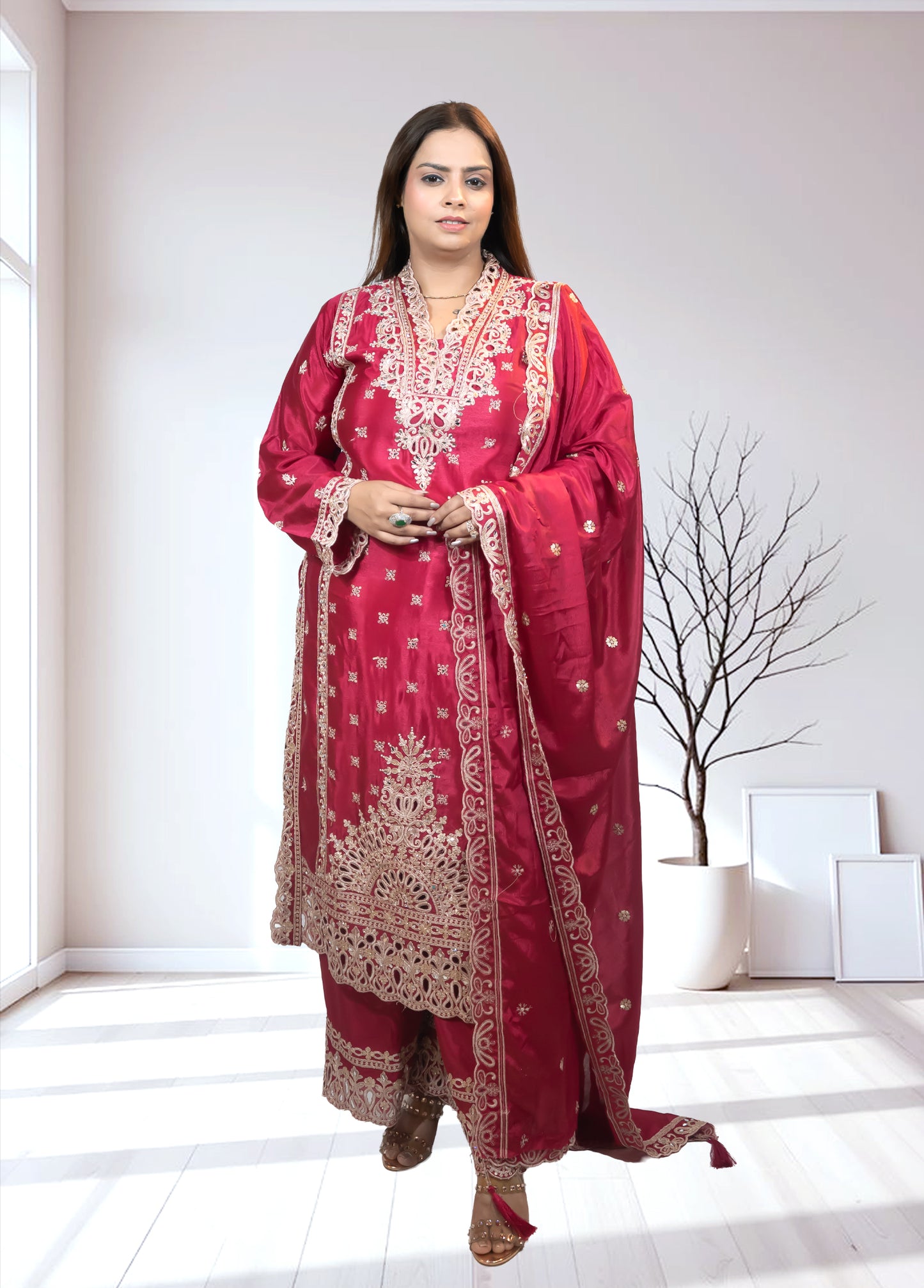 Magenta Chinon Silk Long Shirt with Plazo & Heavy Dupatta - Bebo N Lolo