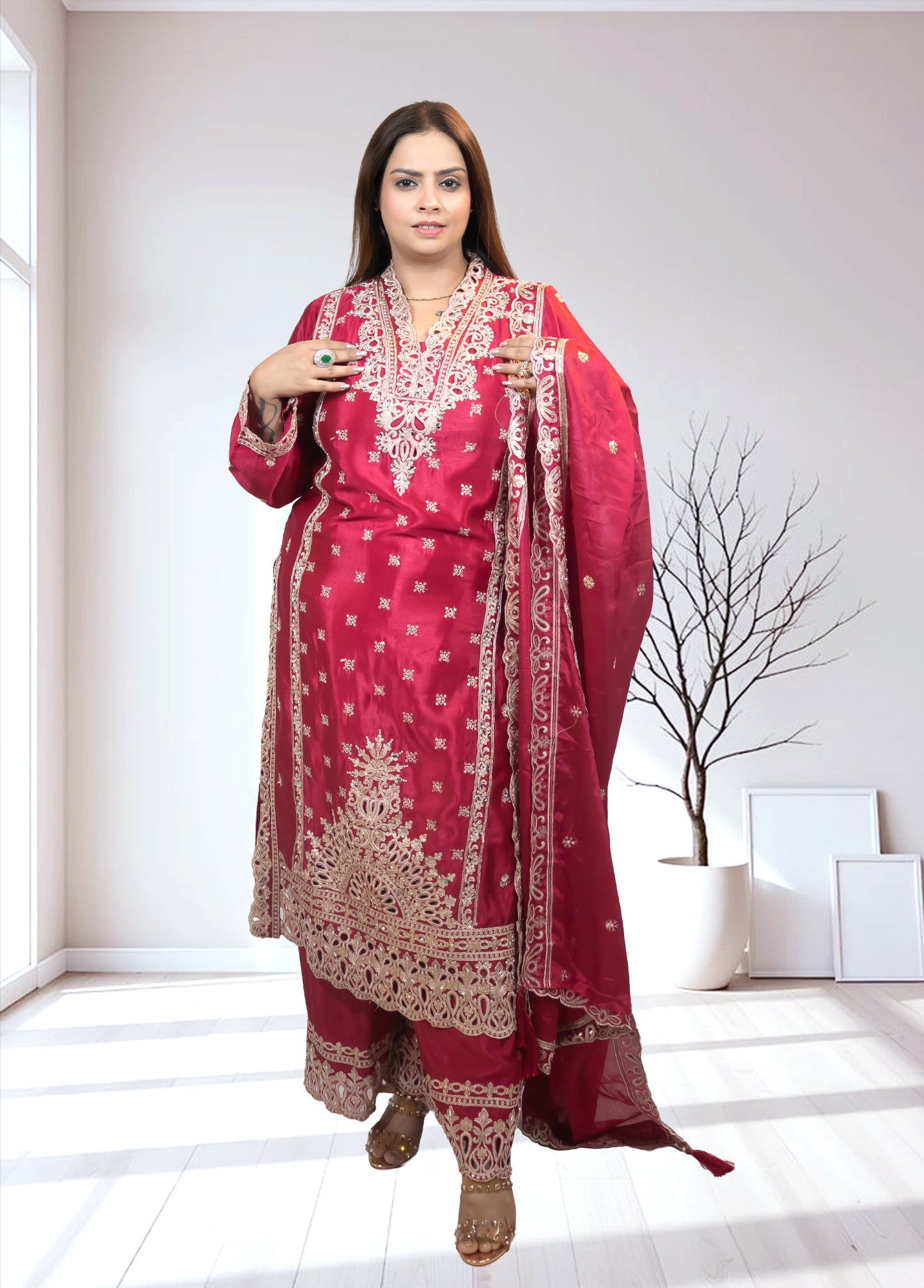Magenta Chinon Silk Long Shirt with Plazo & Heavy Dupatta - Bebo N Lolo
