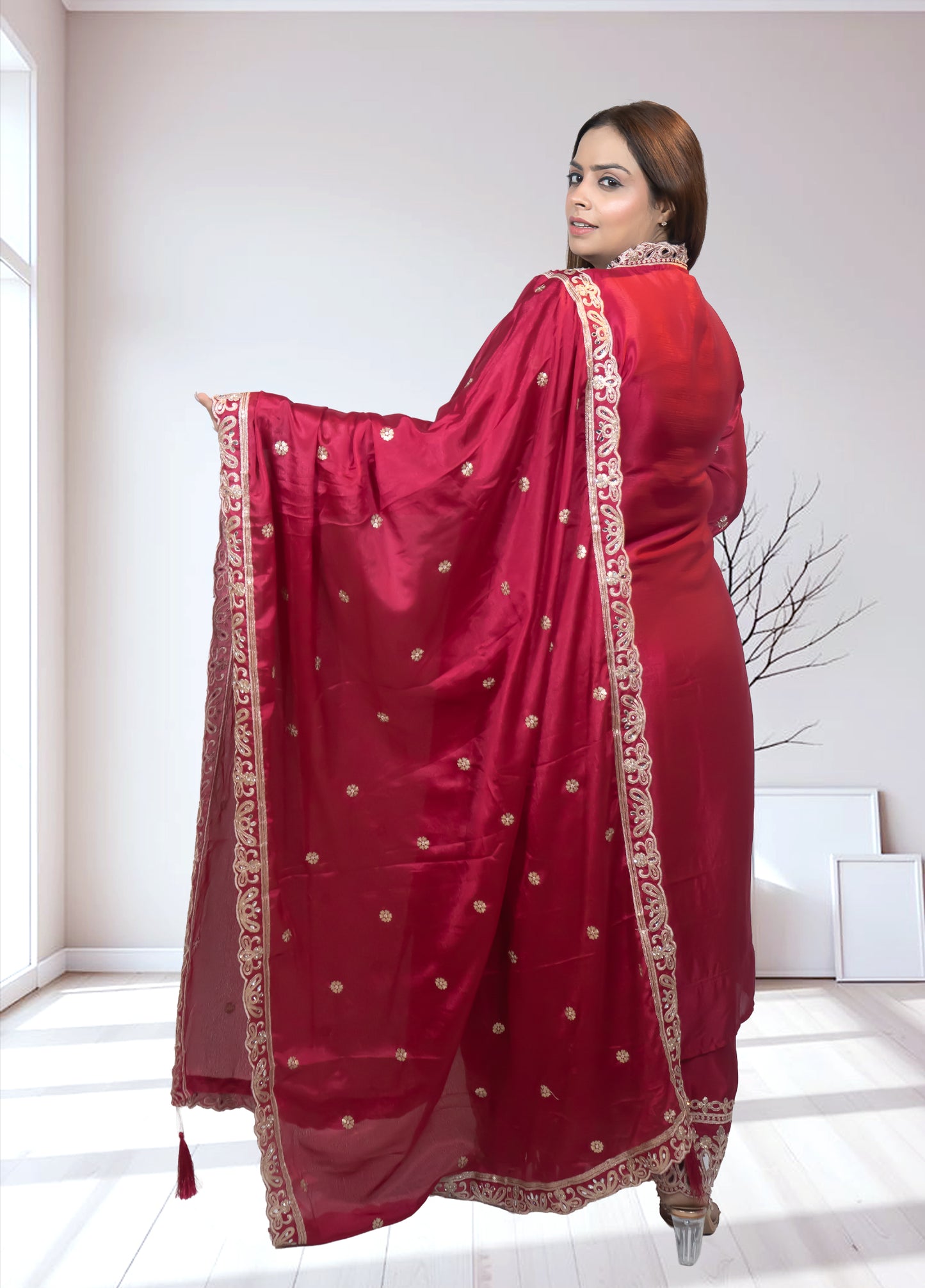 Magenta Chinon Silk Long Shirt with Plazo & Heavy Dupatta - Bebo N Lolo