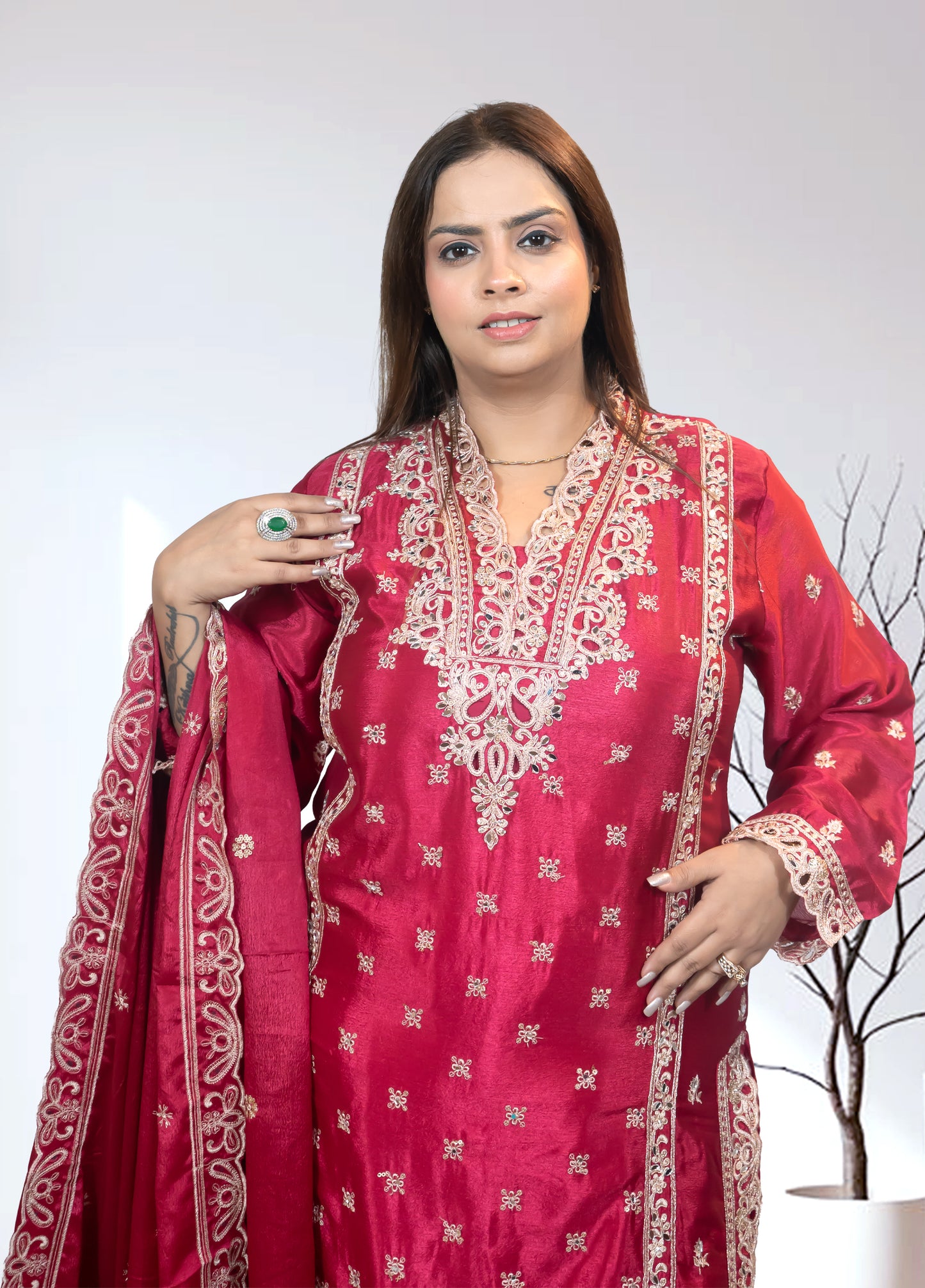 Magenta Chinon Silk Long Shirt with Plazo & Heavy Dupatta - Bebo N Lolo