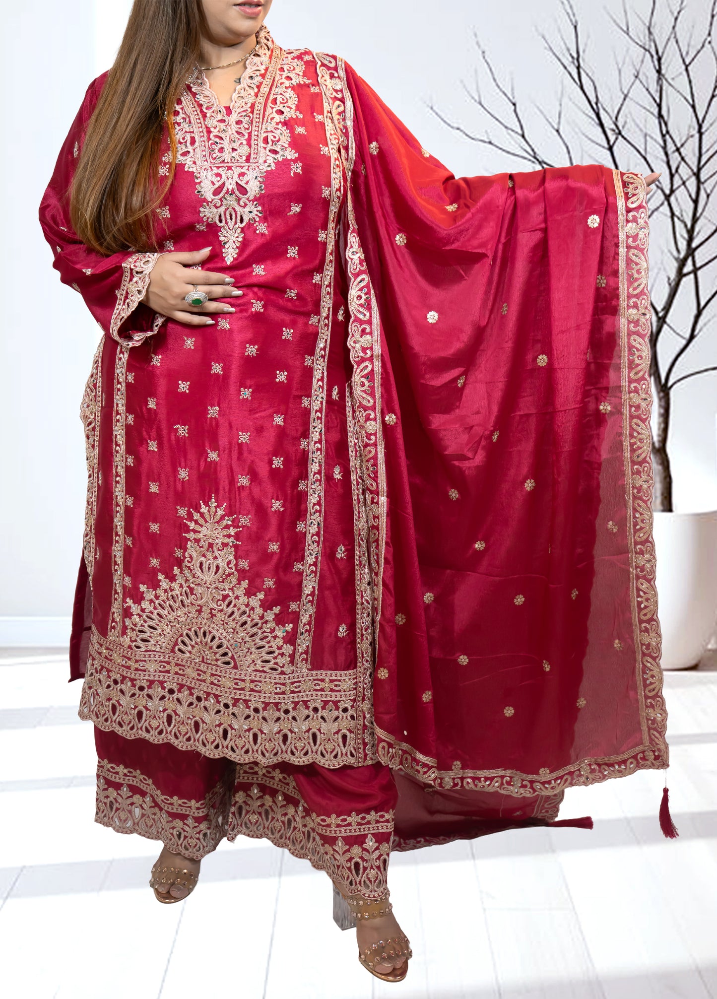 Magenta Chinon Silk Long Shirt with Plazo & Heavy Dupatta - Bebo N Lolo