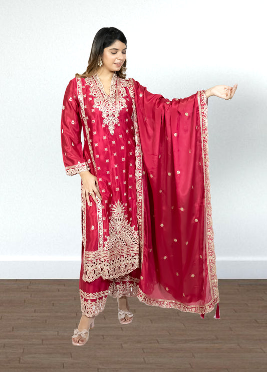 Hot Pink Chinon Suit with Palazzo & Dupatta | Mirror & Sequence Embroidery | Sizes M–XL - Bebo N Lolo