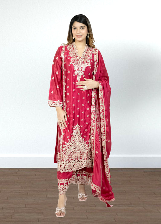 Hot Pink Chinon Suit with Palazzo & Dupatta | Mirror & Sequence Embroidery | Sizes M–XL - Bebo N Lolo