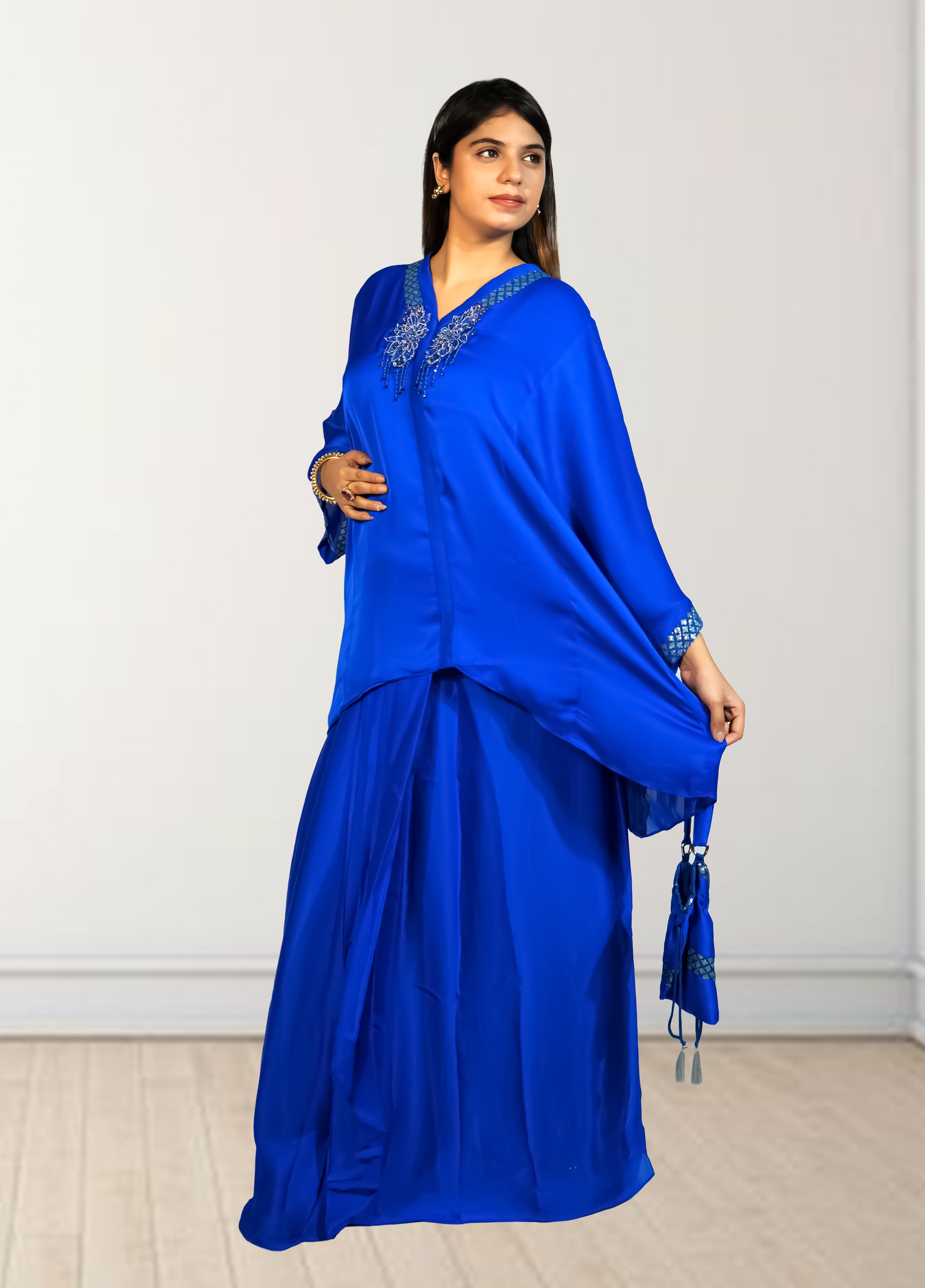 Royal Satin Short Kurta with Dhoti Skirt | Cut Dana, Sequence & Crystal Work | Indo-Western - Bebo N Lolo