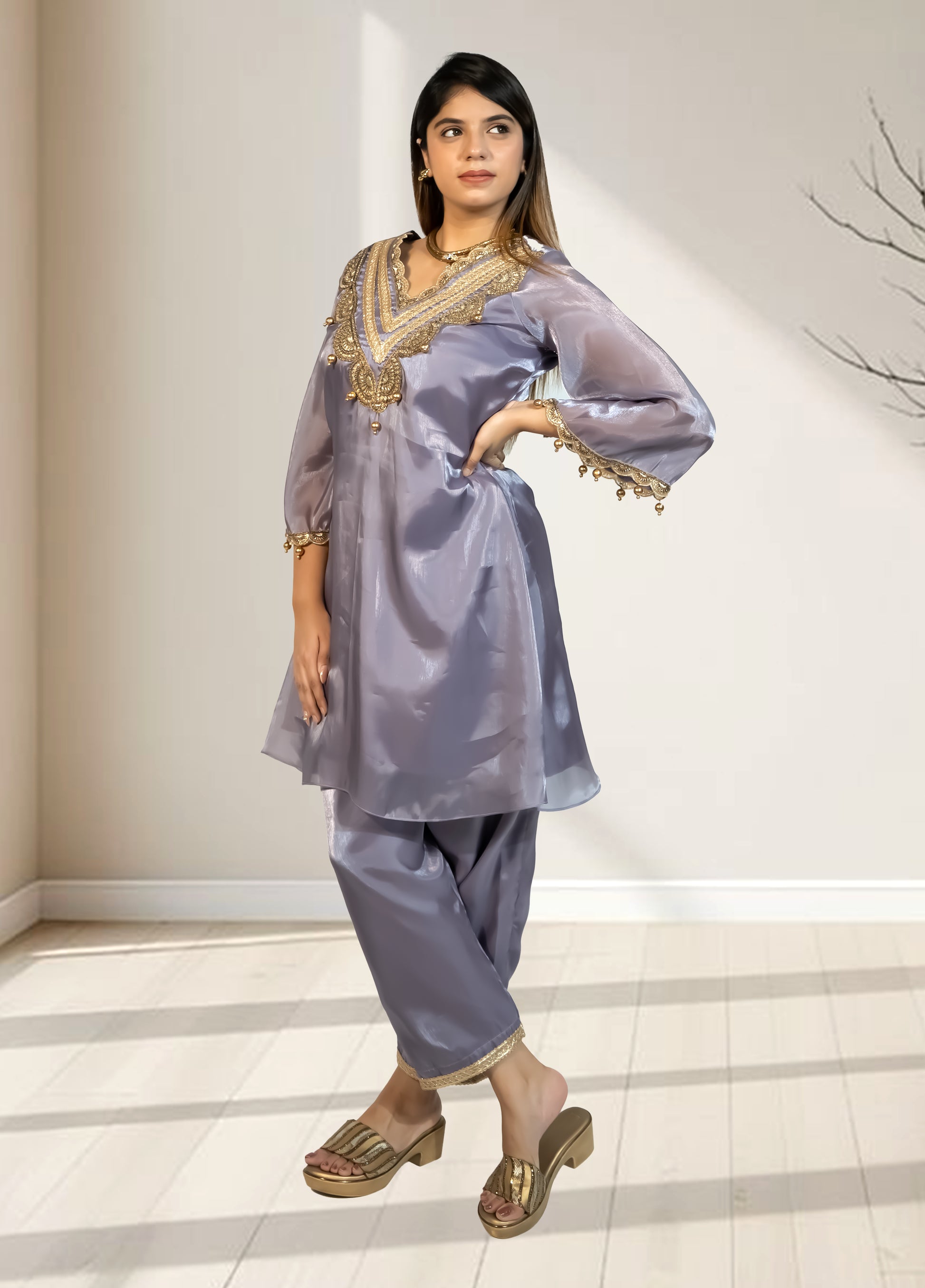 Jimmi Choo A-Line Cord Set with Pant | Lace Detailing | Available in Lilac & Copper | Sizes XS–4XL - Bebo N Lolo