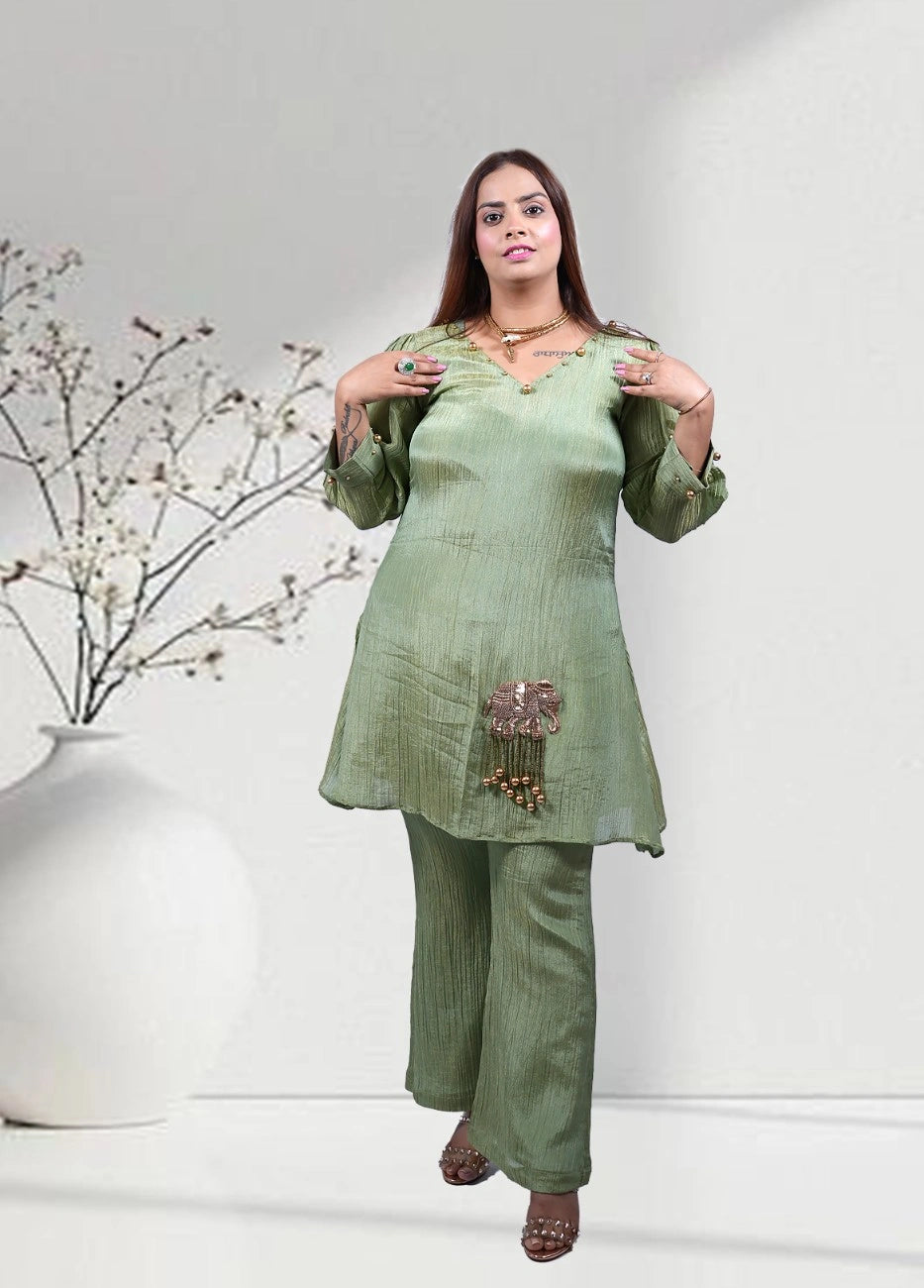 Ethereal Green Soft Simmer Crush Co-ord Set for Women | Beaded Elephant Motif | Sizes XS–5XL - Bebo N Lolo