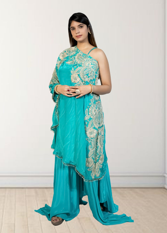 Rama Green Off-Shoulder Cape with Sharara & Breastiser | Pearl, Lace, Cut Dana & Sequence Work | Indo Western | Sizes L–XXL - Bebo N Lolo