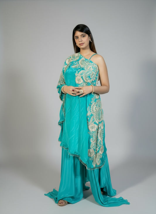Rama Green Off-Shoulder Cape with Sharara & Breastiser | Pearl, Lace, Cut Dana & Sequence Work | Indo Western | Sizes L–XXL - Bebo N Lolo