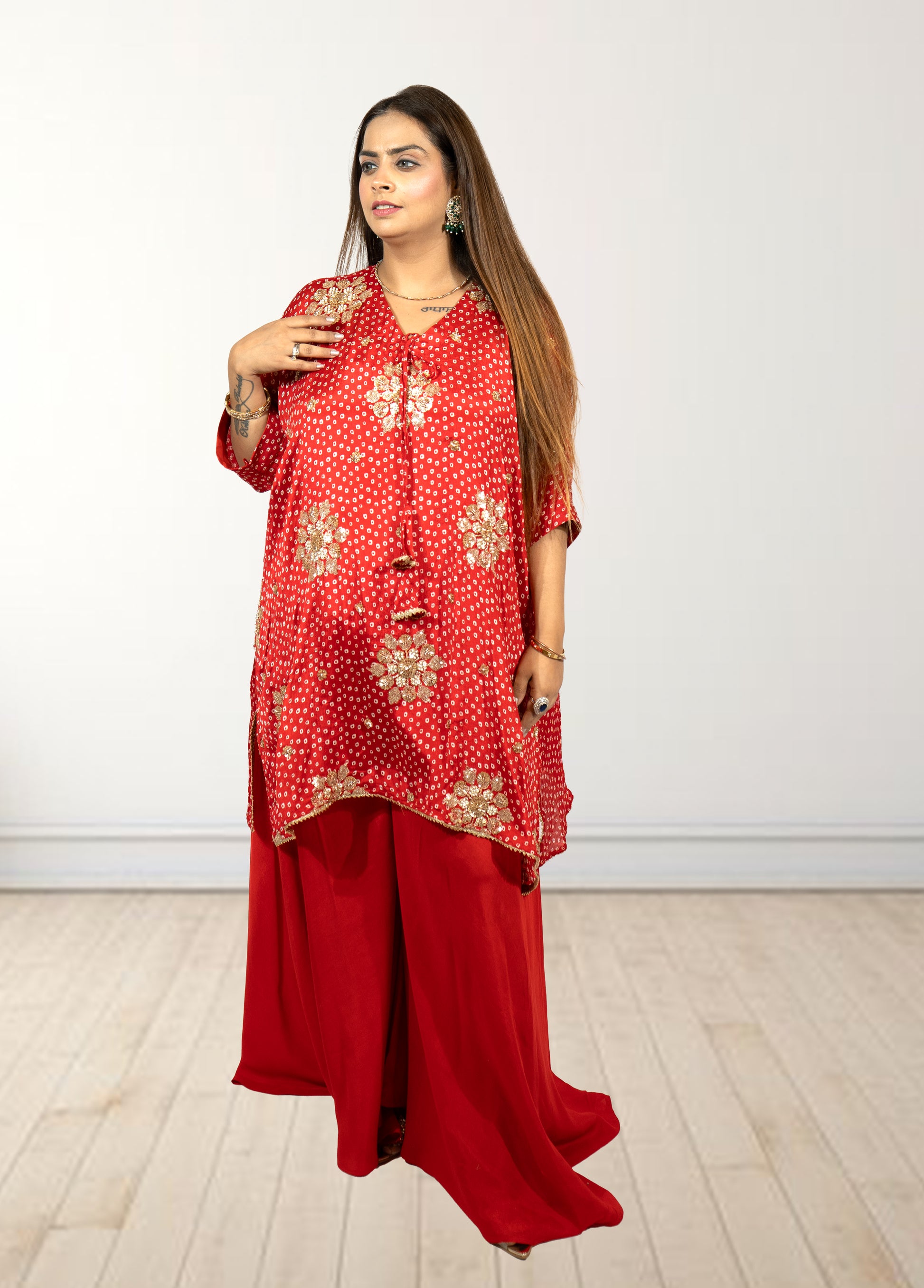Red Chinon Bandhani Print Loose Palazzo Choga | Sequence & Cut Dana Work - Bebo N Lolo