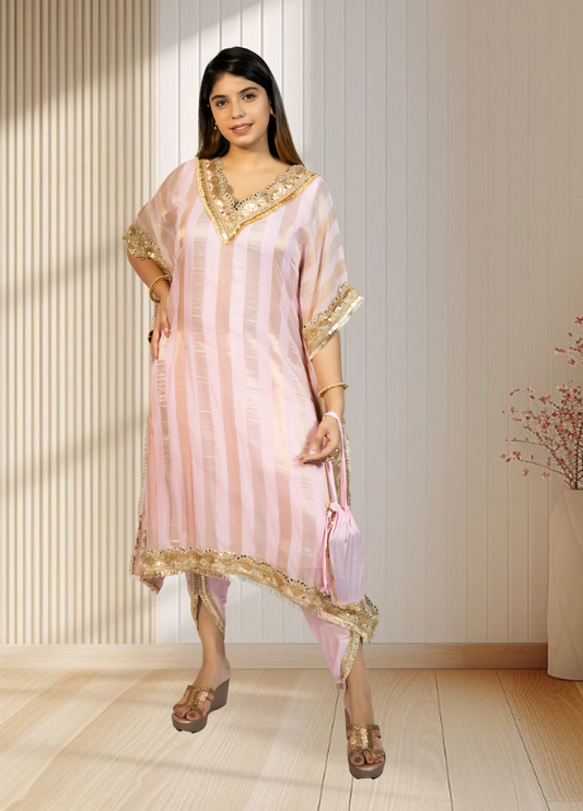 Organza Kaftan with Tulip Pant & Potli | Lace & Mirror Work | Baby Pink & Cream Colors Available | S–4XL Sizes - Bebo N Lolo