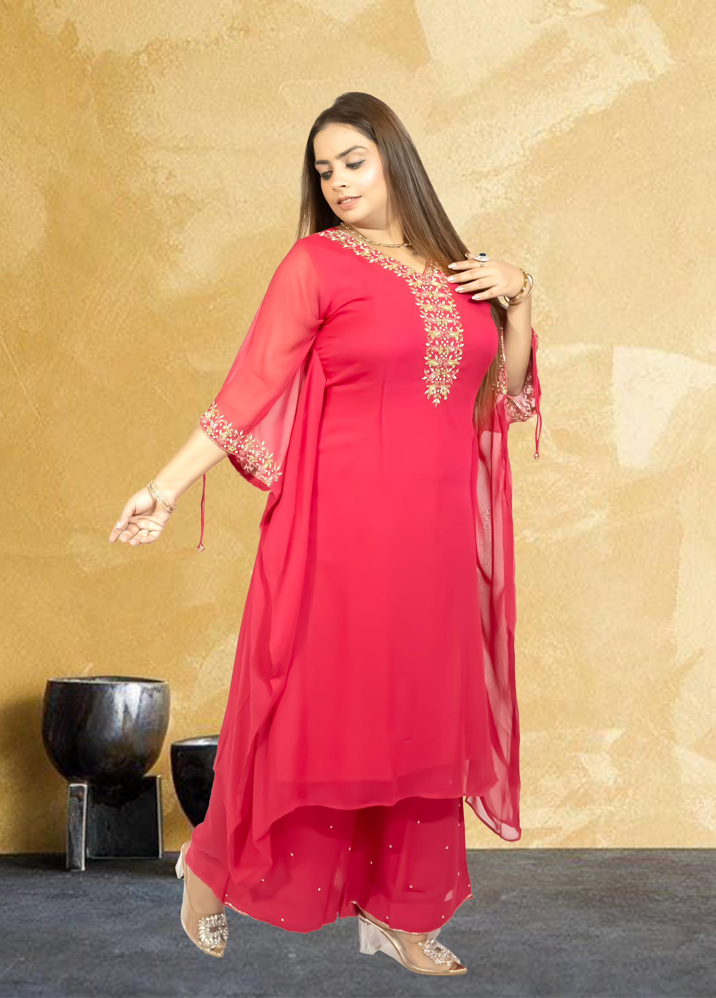 Hot Pink Crape Kaftan with Palazzo | Cut Dana & Sequence Embroidery | Sizes L–XXL - Bebo N Lolo