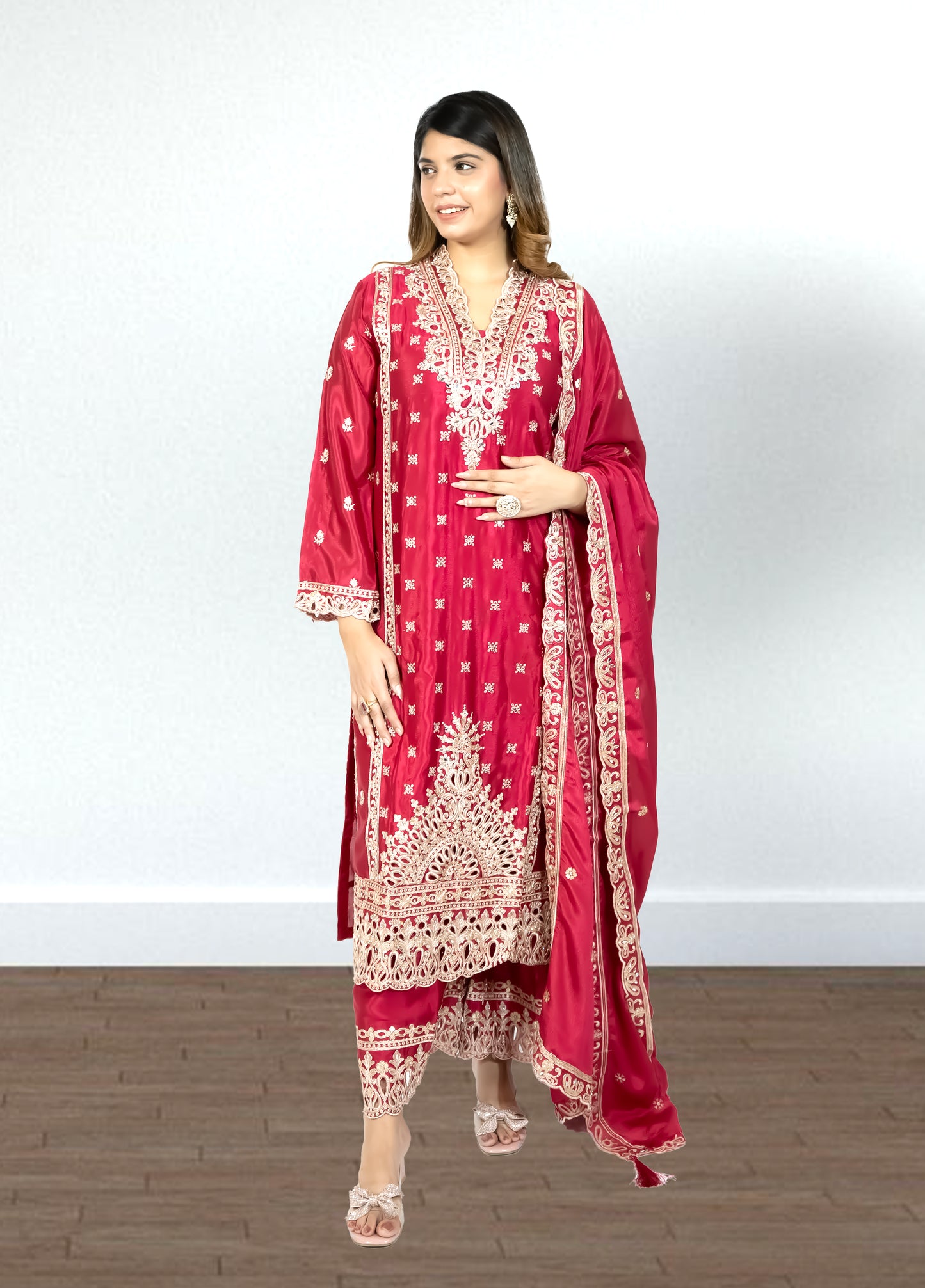 Hot Pink Chinon Suit with Palazzo & Dupatta | Mirror & Sequence Embroidery | Sizes M–XL - Bebo N Lolo