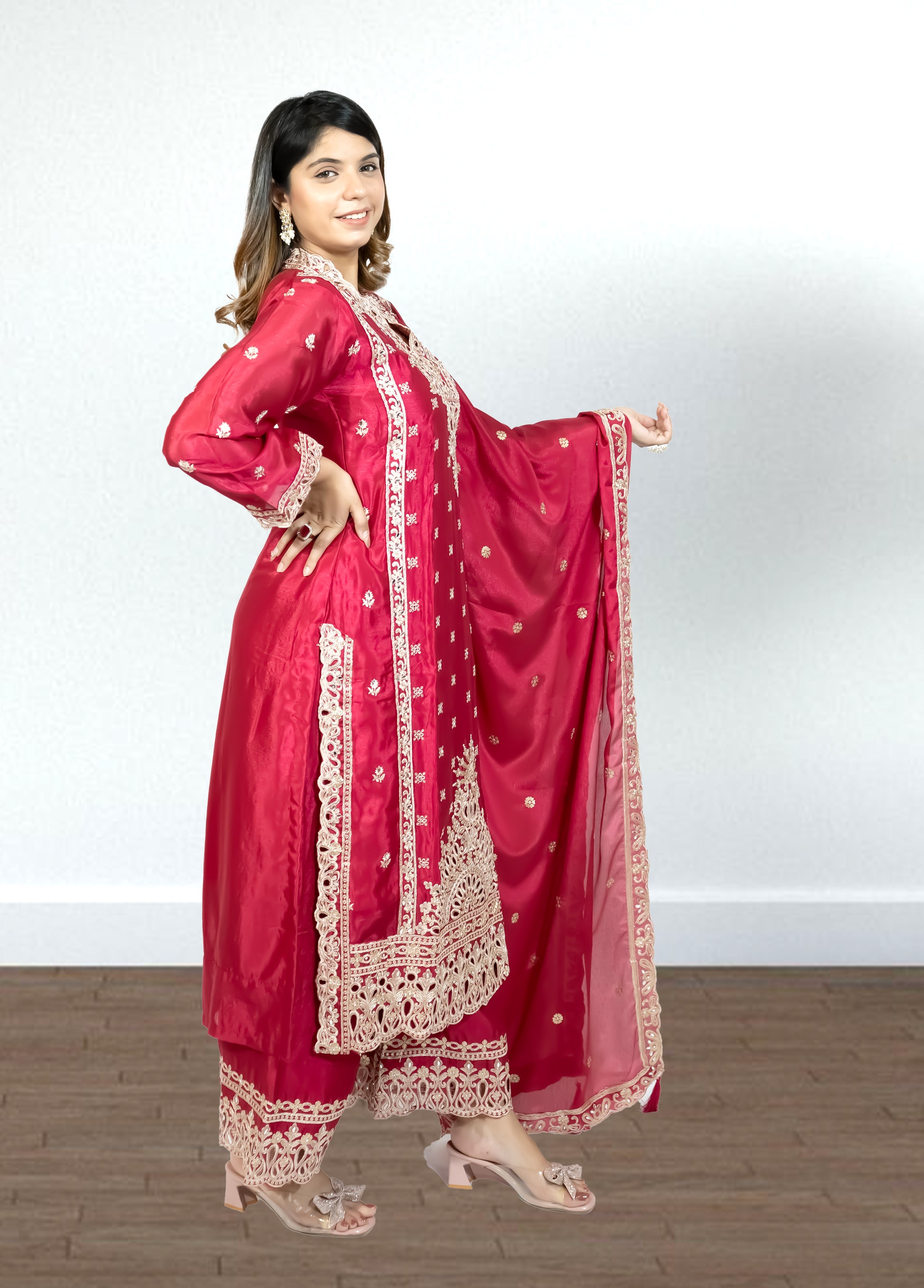 Hot Pink Chinon Suit with Palazzo & Dupatta | Mirror & Sequence Embroidery | Sizes M–XL - Bebo N Lolo
