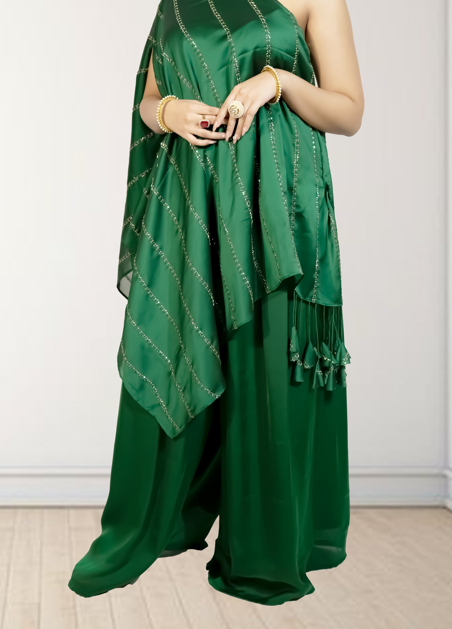 Green saree with a white background