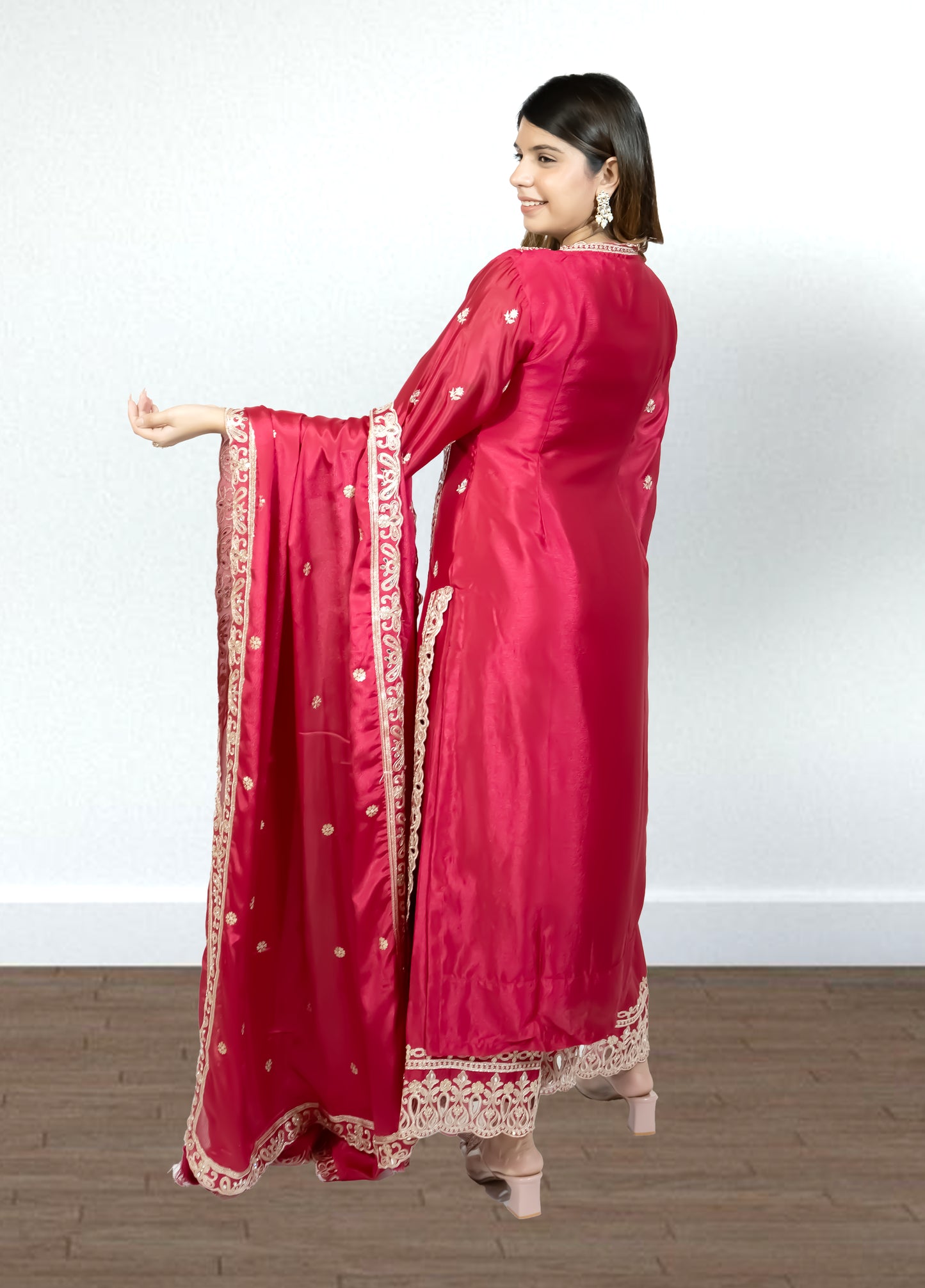 Hot Pink Chinon Suit with Palazzo & Dupatta | Mirror & Sequence Embroidery | Sizes M–XL - Bebo N Lolo