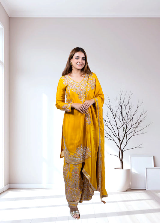 Mustard Chinon Kurta with Garara & Four-Side Bordered Dupatta - Bebo N Lolo