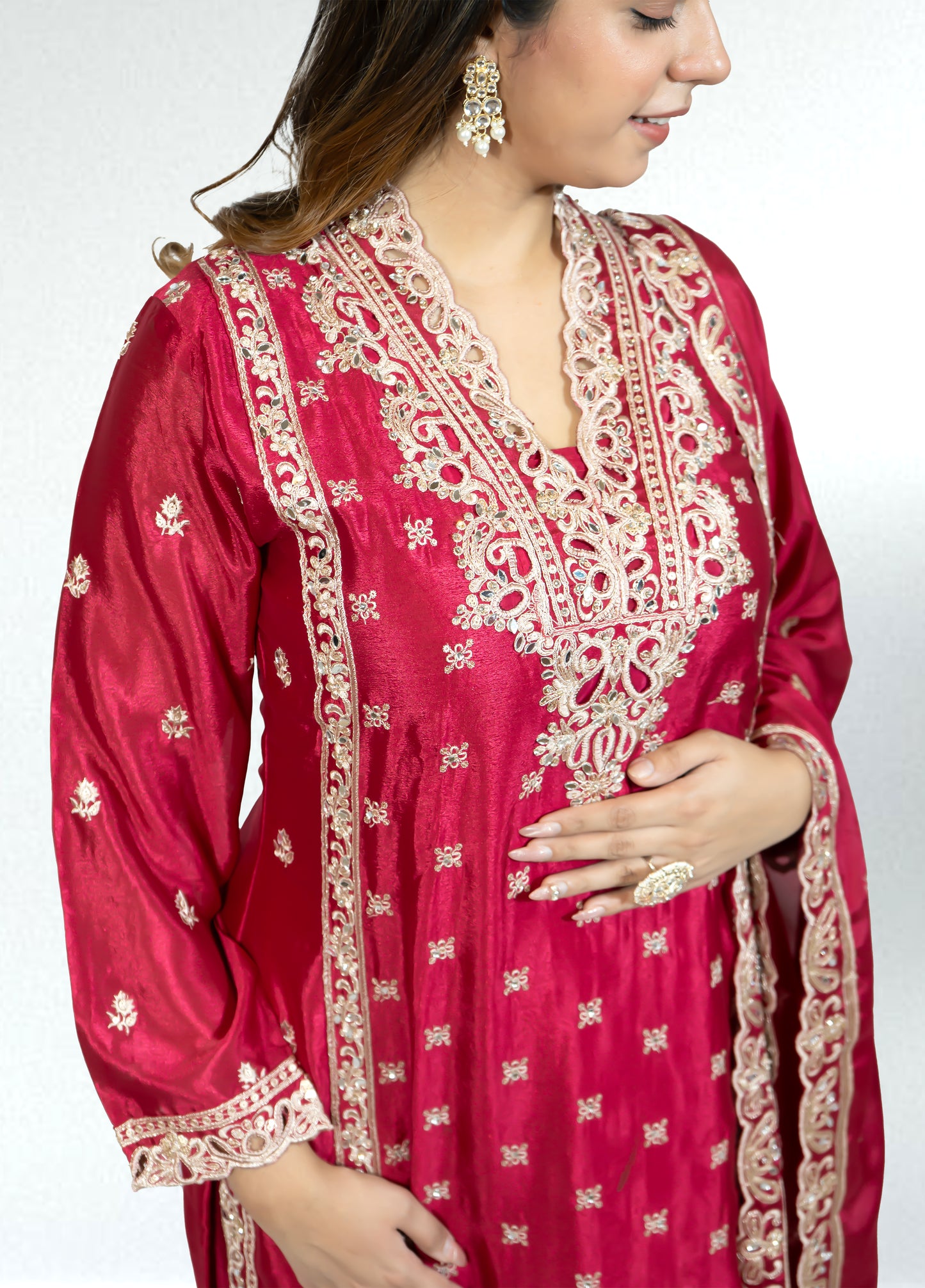 Hot Pink Chinon Suit with Palazzo & Dupatta | Mirror & Sequence Embroidery | Sizes M–XL - Bebo N Lolo