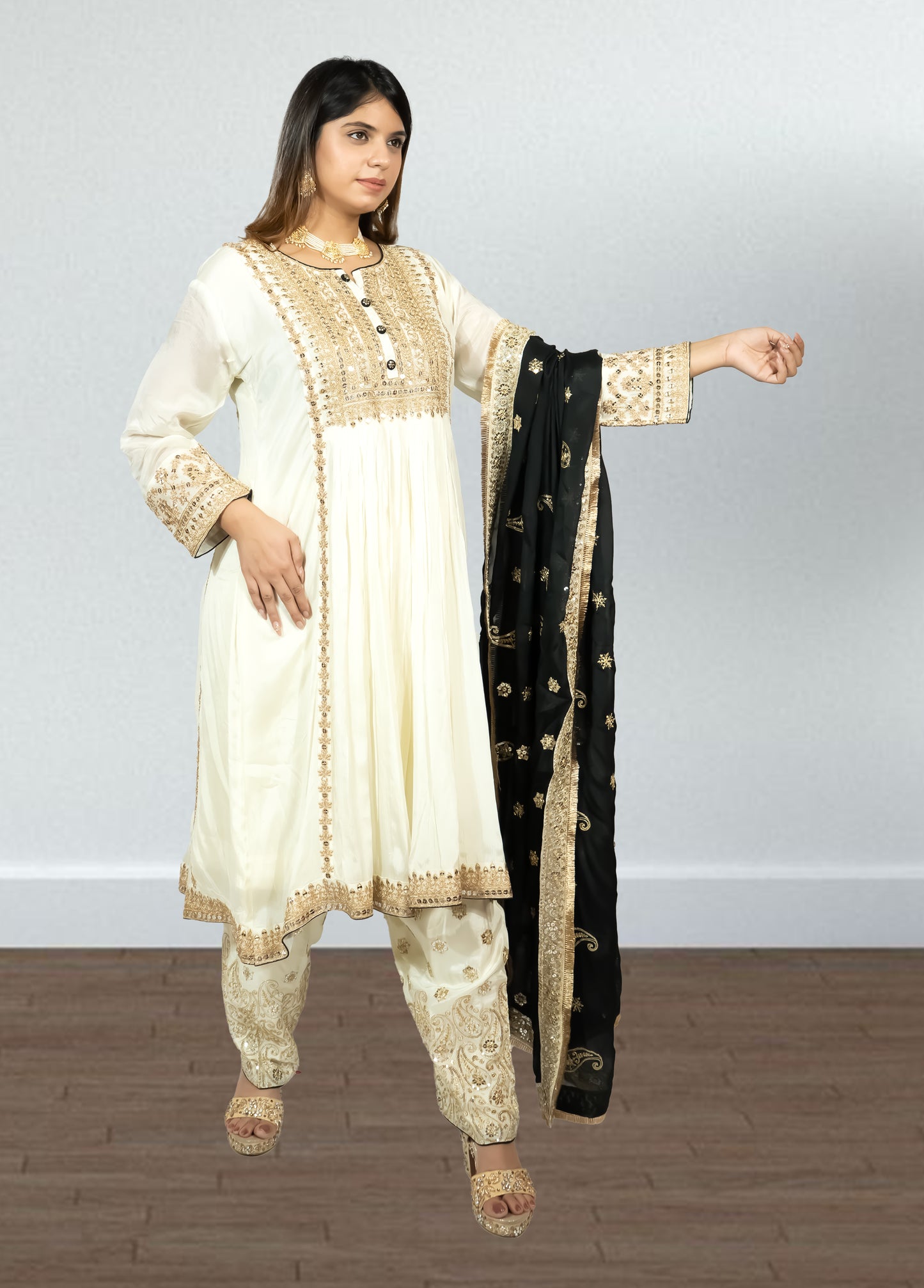 Off White & Black Chinon Anarkali Suit with Salwar & Dupatta | Sequence Embroidery - Bebo N Lolo