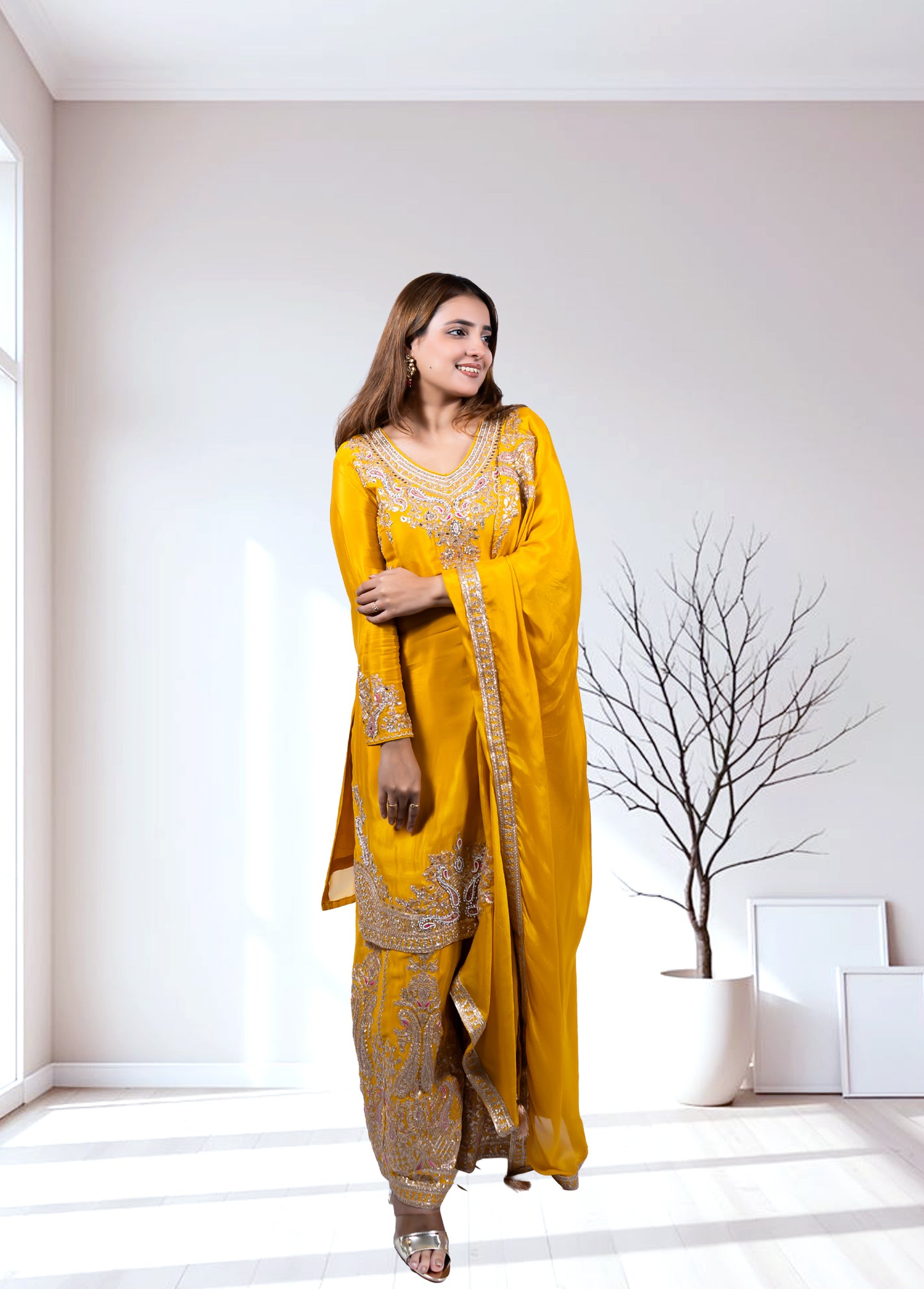 Mustard Chinon Kurta with Garara & Four-Side Bordered Dupatta - Bebo N Lolo