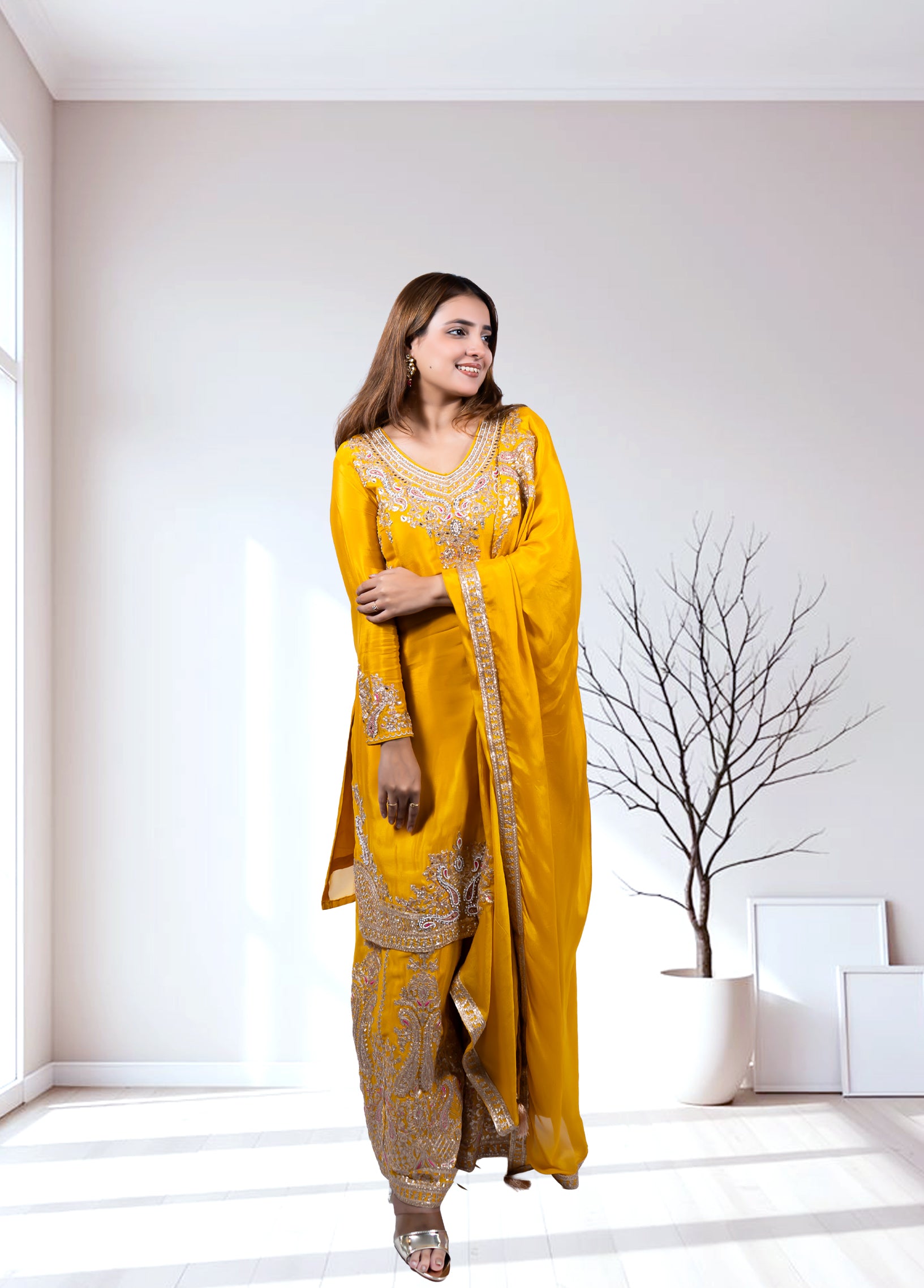 Mustard Chinon Kurta with Garara & Four-Side Bordered Dupatta - Bebo N Lolo