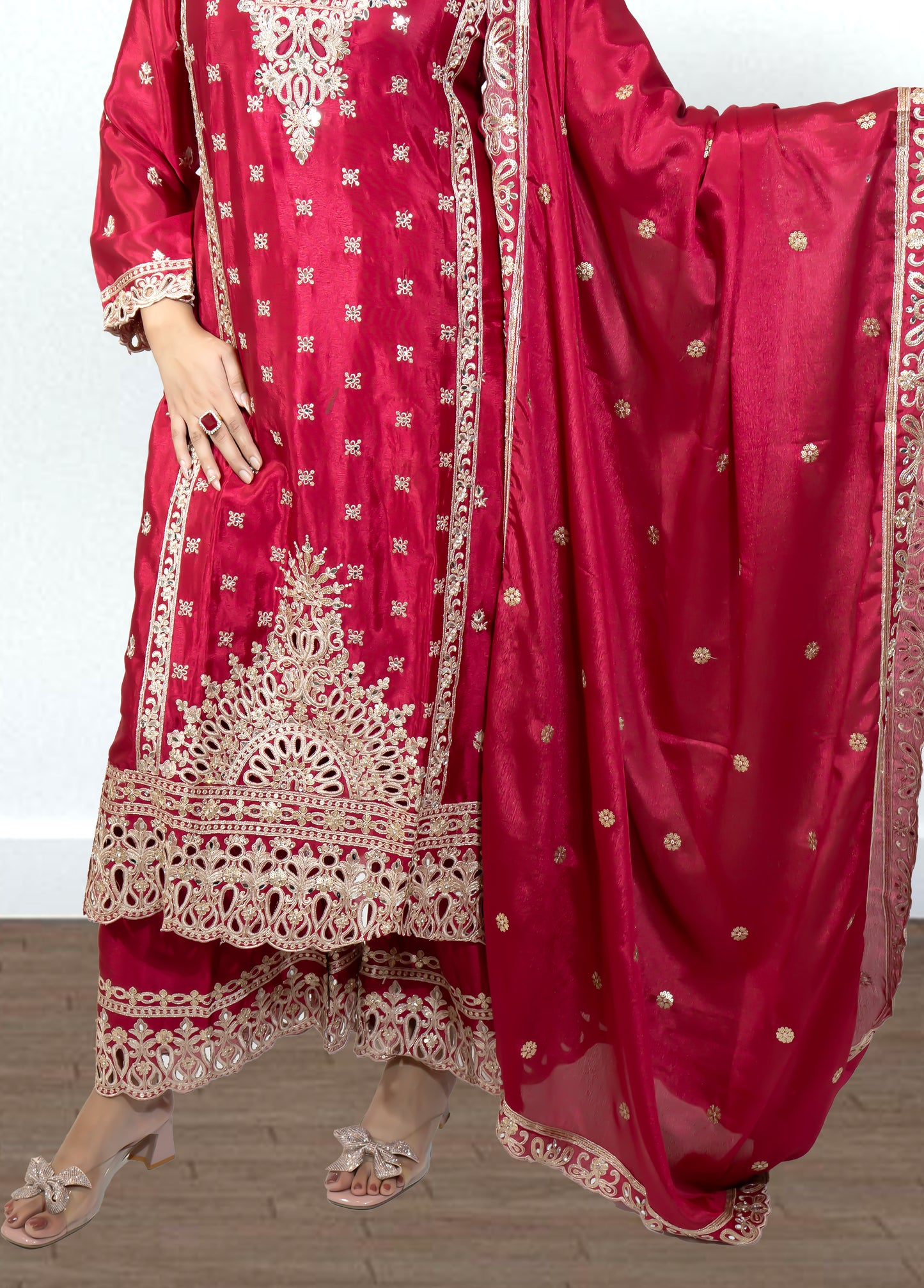 Hot Pink Chinon Suit with Palazzo & Dupatta | Mirror & Sequence Embroidery | Sizes M–XL - Bebo N Lolo