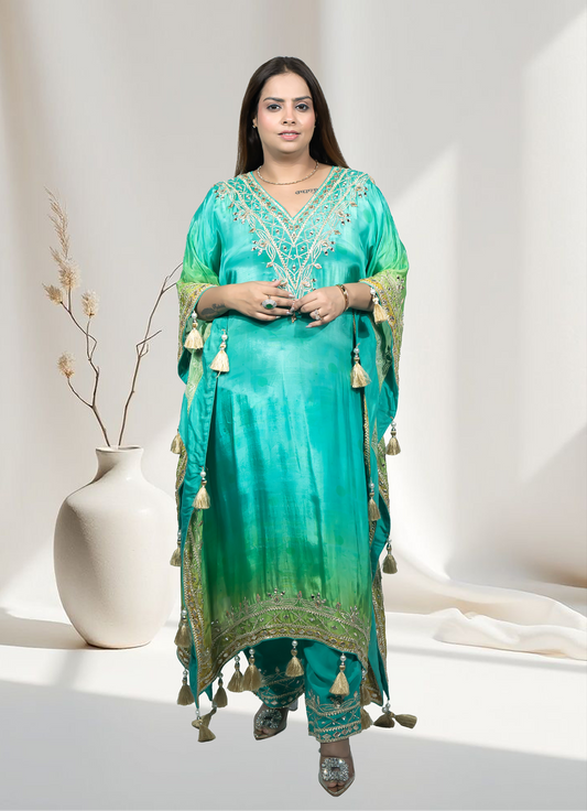 Green Crape Kaftan with Pants | Mirror, Gotta & Patti Work | Sizes M–XL - Bebo N Lolo