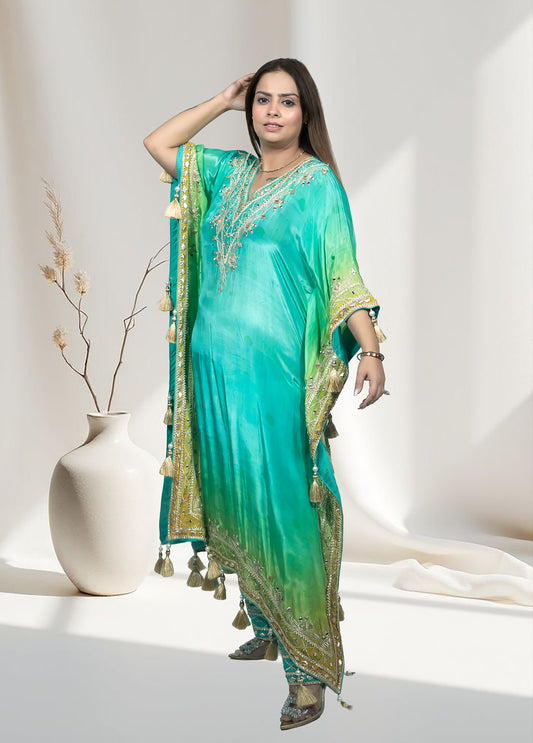 Green Crape Kaftan with Pants | Mirror, Gotta & Patti Work | Sizes M–XL - Bebo N Lolo