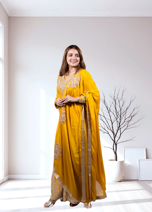 Mustard Chinon Kurta with Garara & Four-Side Bordered Dupatta - Bebo N Lolo