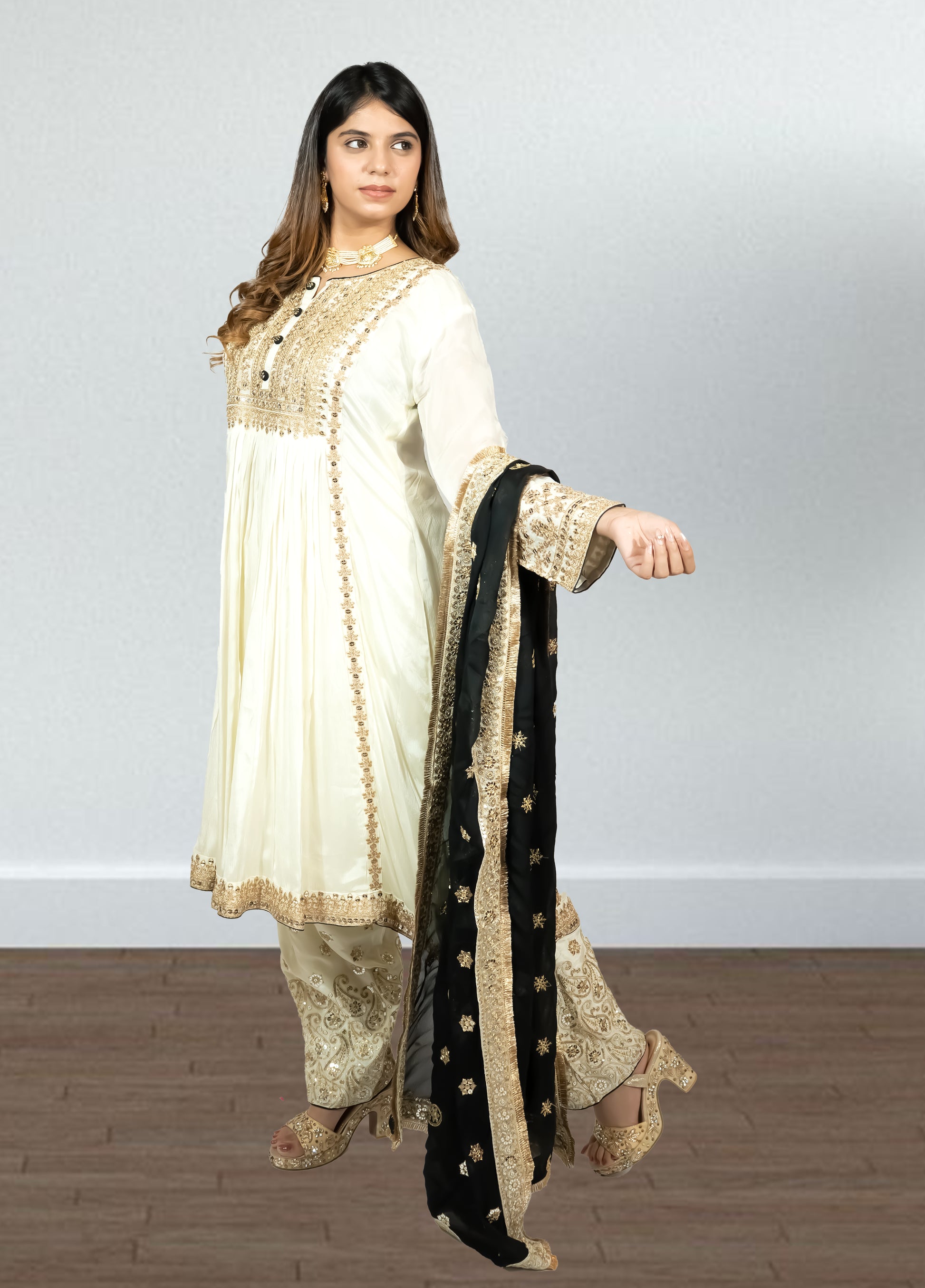 Off White & Black Chinon Anarkali Suit with Salwar & Dupatta | Sequence Embroidery - Bebo N Lolo