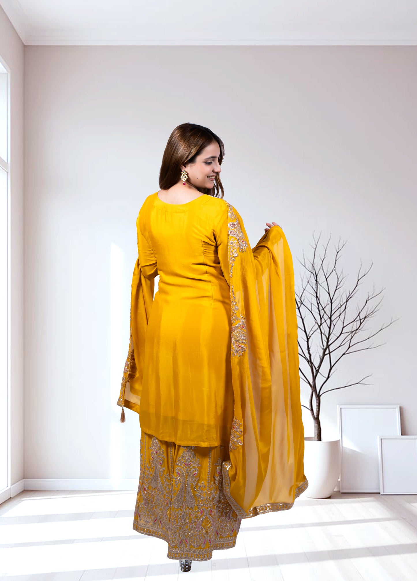 Mustard Chinon Kurta with Garara & Four-Side Bordered Dupatta - Bebo N Lolo